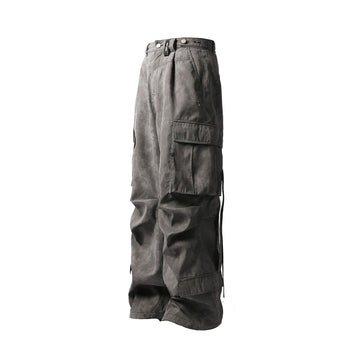 RELABEL Mini Checker Multi-Pocket Strap Pleated Cargo Pants Dark Gray-Pants-XS-Free Shipping Leatheretro