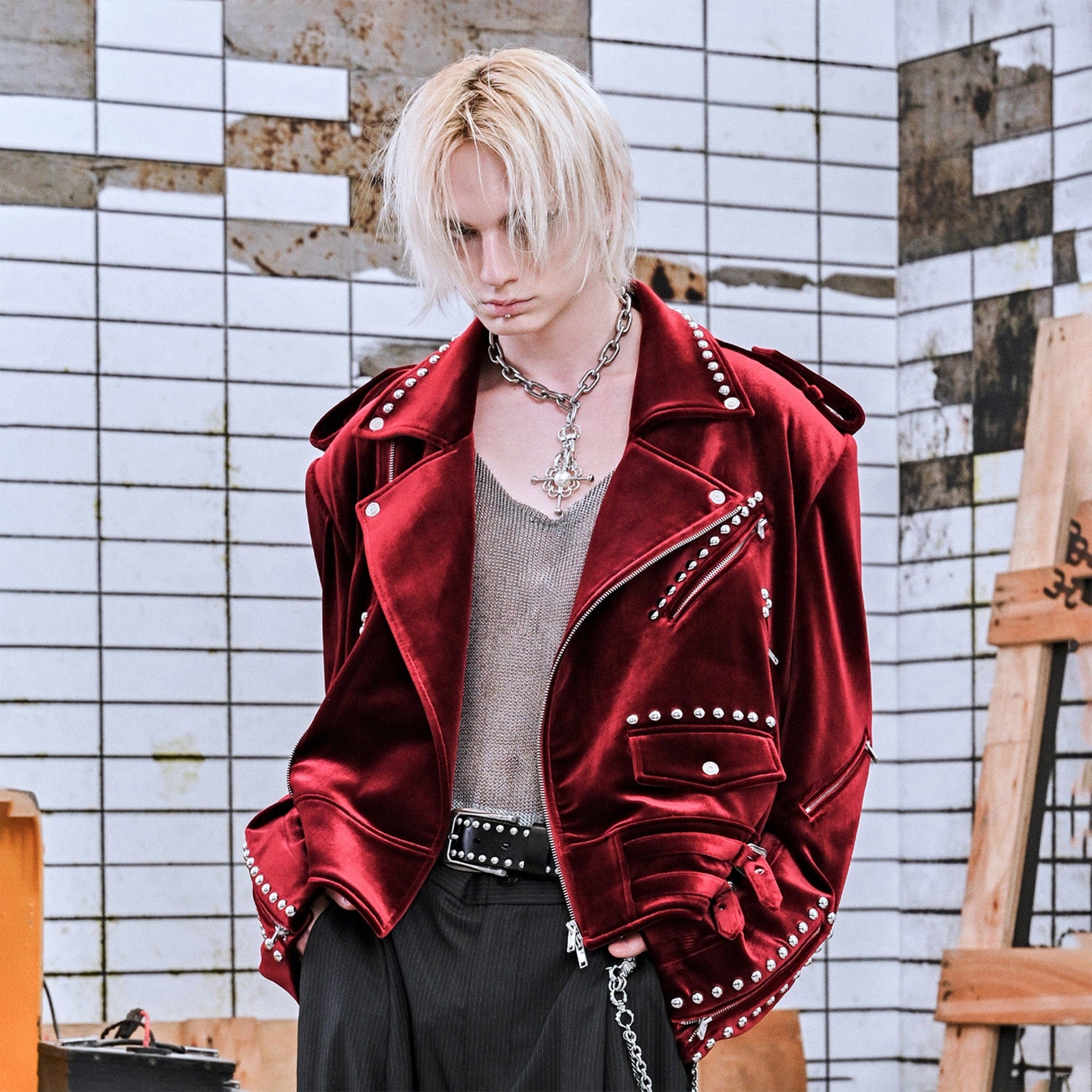 FACEONLAB Red Velvet Rivet Biker Jacket-Jacket-M-Free Shipping Leatheretro