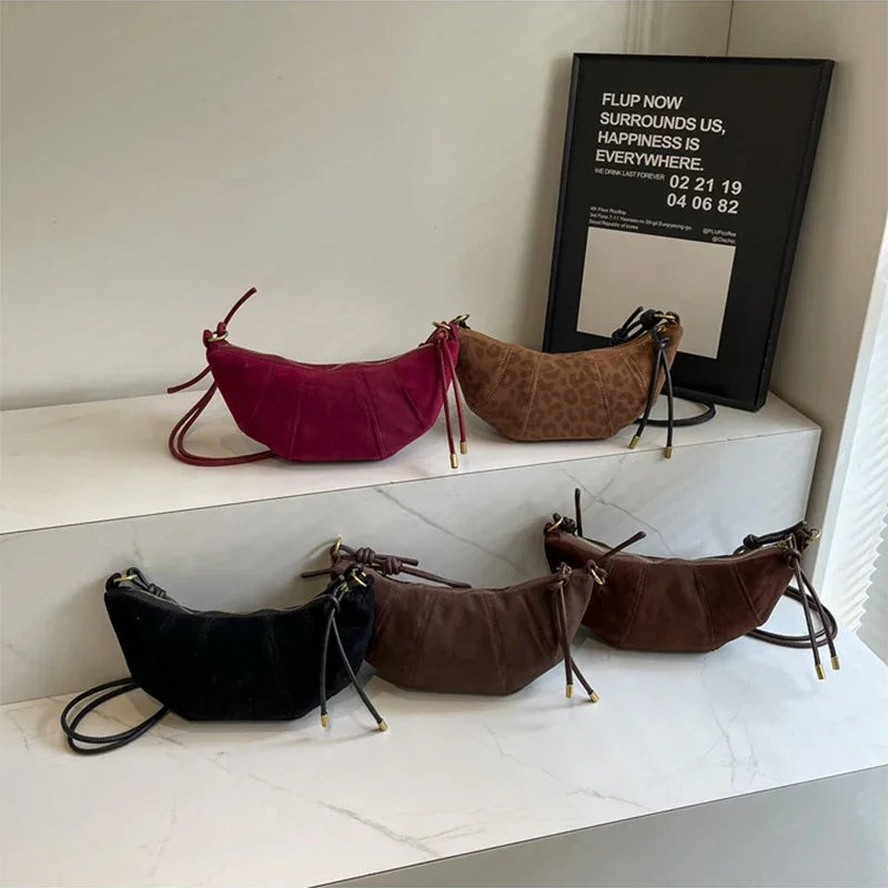 Dumpling-shaped Croissant Shoulder Bag - Texture Versatile Velvet Zipper Handbag-Shoulder Bag-Brown-Free Shipping Leatheretro
