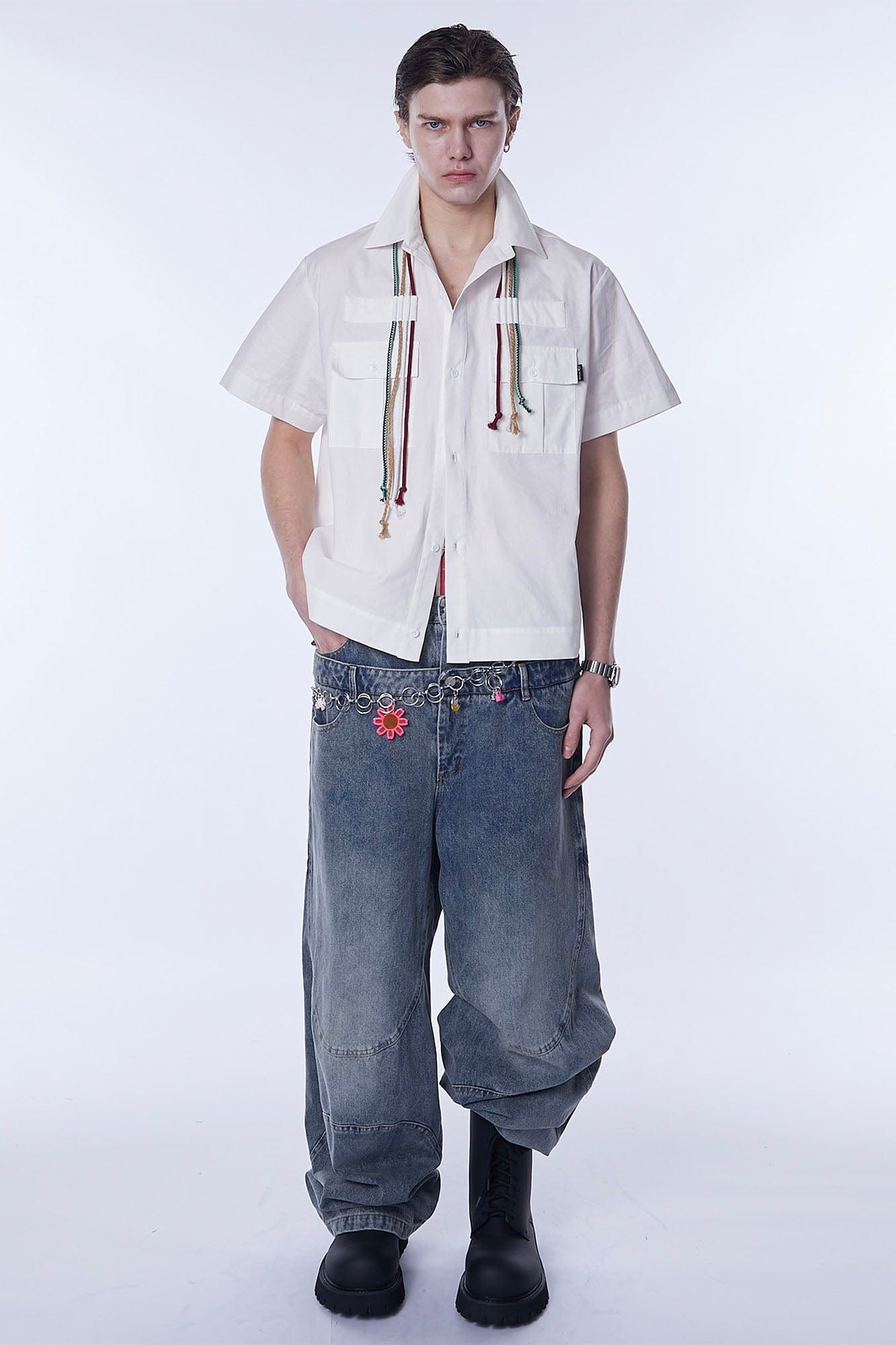 ASSEEN Cord Tassel Pocket Half Shirt-Half shirt-S-Free Shipping Leatheretro