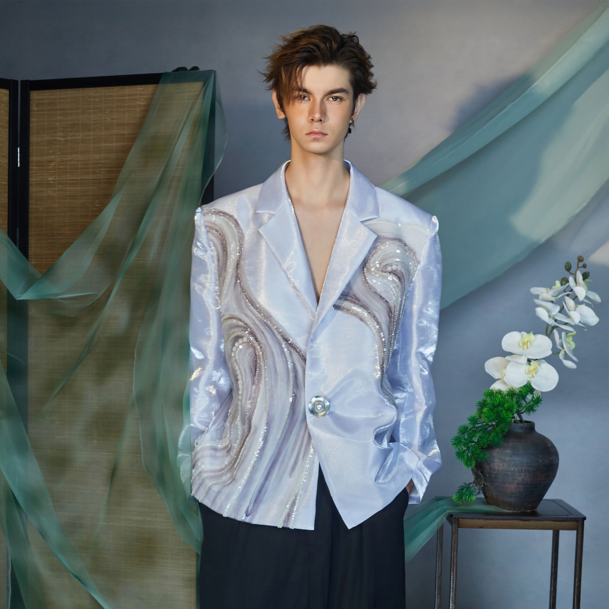 JIECHI Fluid Sequin Embroidery Satin Blazer-Jacket-M (Preorder)-Free Shipping Leatheretro