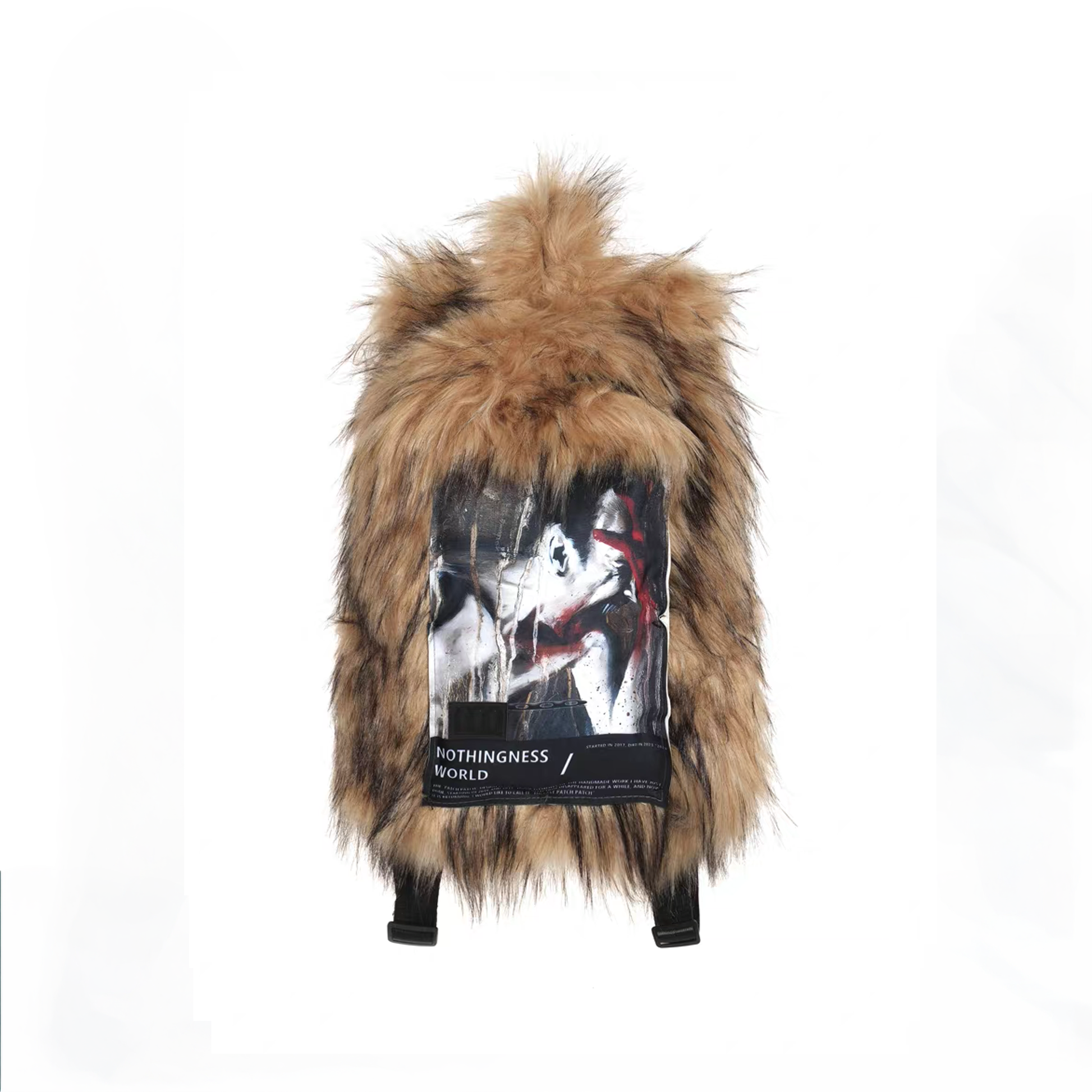 NOTHINGNESS WORLD Shaggy Faux Fur Graphic-Patch Backpack-Bag-Brown (Preorder)-Free Shipping Leatheretro