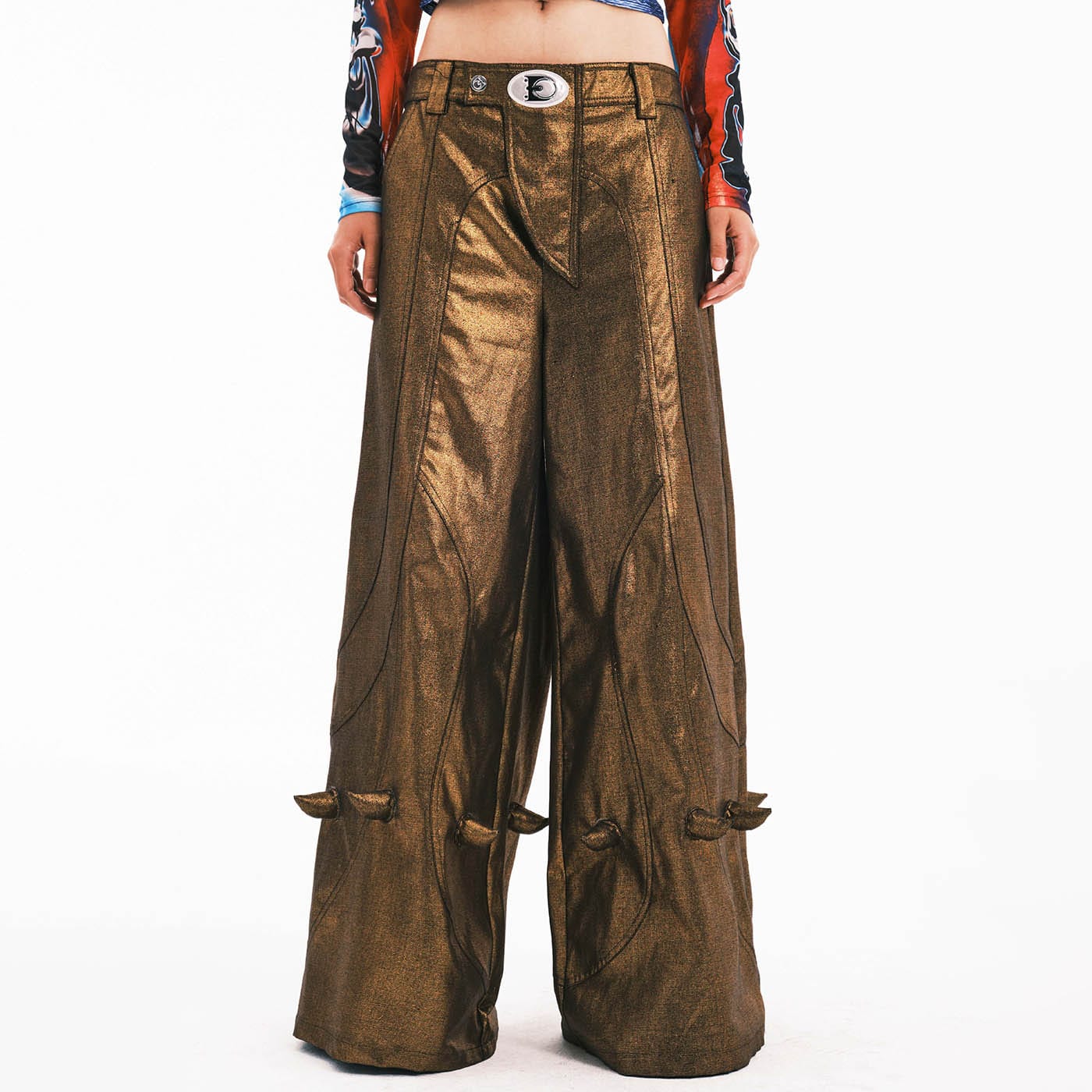 EMBRYO Metallic Devil Horned Wide-Leg Pants-Pants-S-Free Shipping Leatheretro