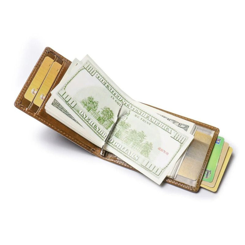 Men’s Slim Leather Card Holder Wallet – Genuine Cowhide with Dollar Clip-Wallets & Money Clips-Olive Green-Free Shipping Leatheretro
