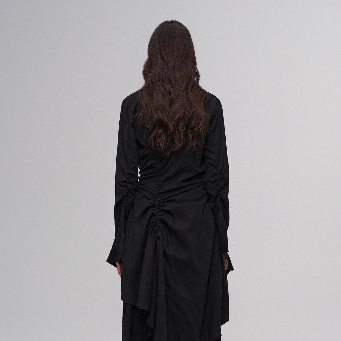 ILNya Nieternite Nifutur Asymmetric Ruched Waist Ruffle-Neck Long Shirt Black-Shirt-S (0)(Preorder)-Free Shipping Leatheretro