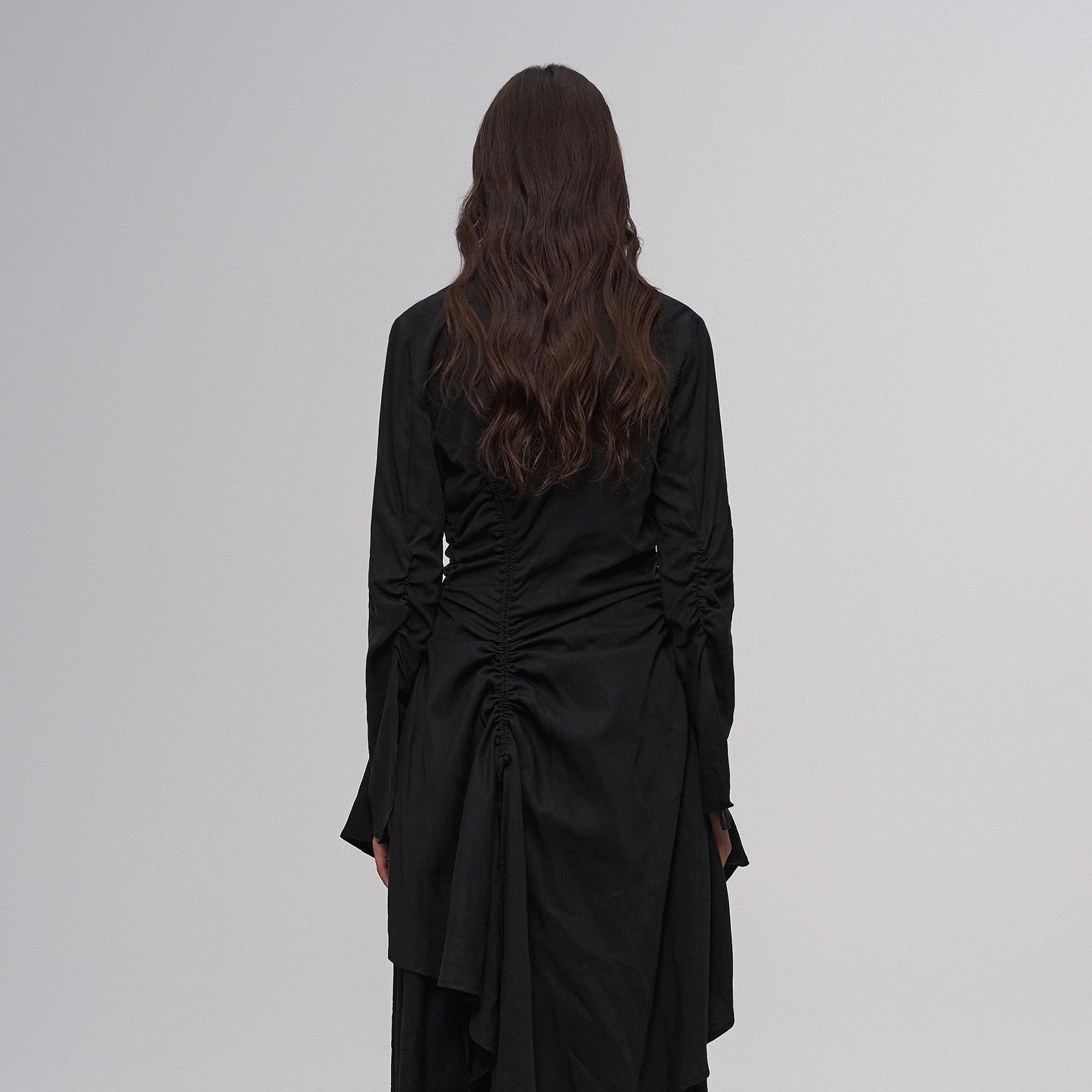 ILNya Nieternite Nifutur Asymmetric Ruched Waist Ruffle-Neck Long Shirt Black-Shirt-S (0)(Preorder)-Free Shipping Leatheretro