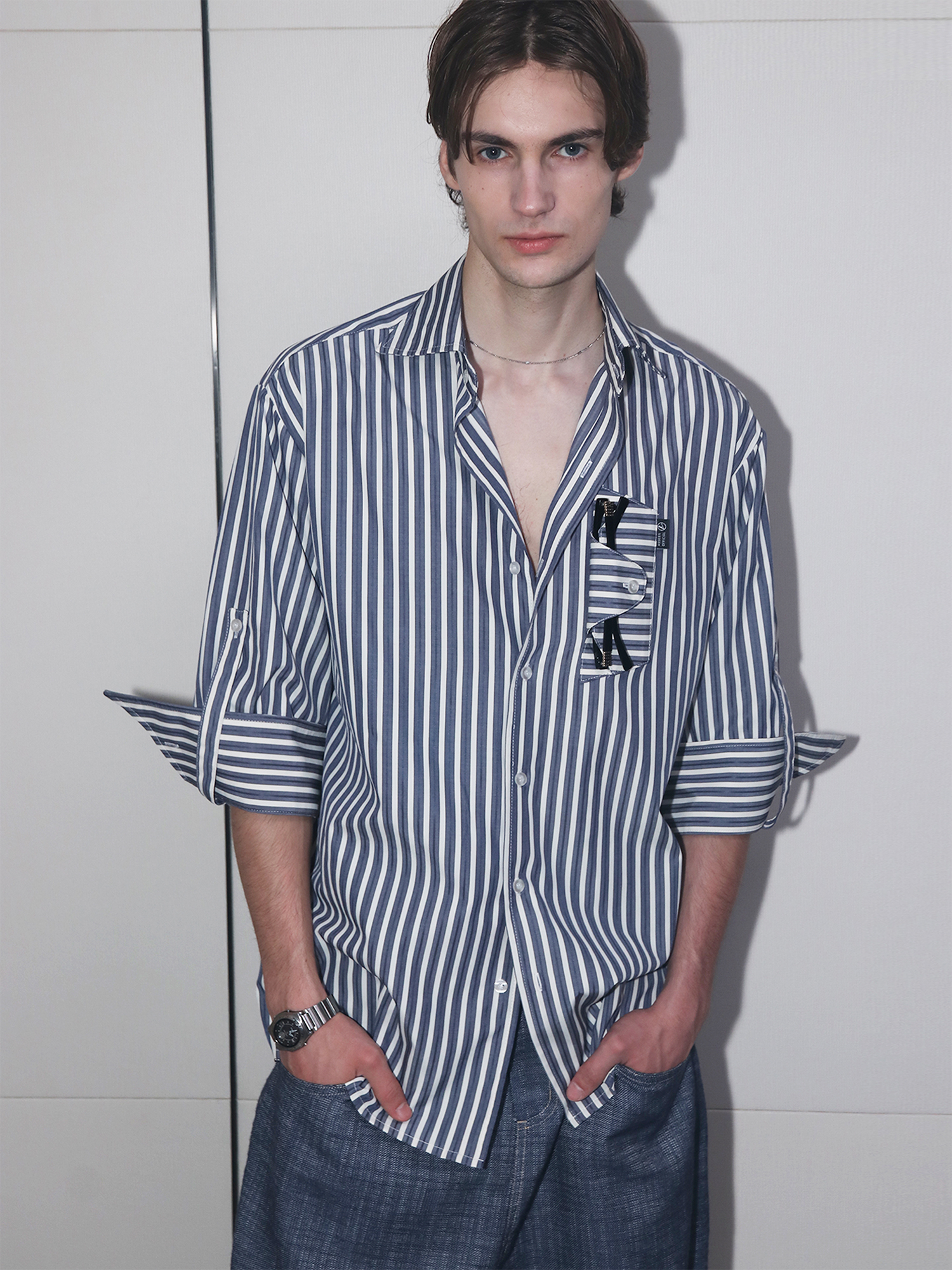ASSEEN Striped Glasses Pocket Half Shirt Blue-Half shirt-S-Free Shipping Leatheretro