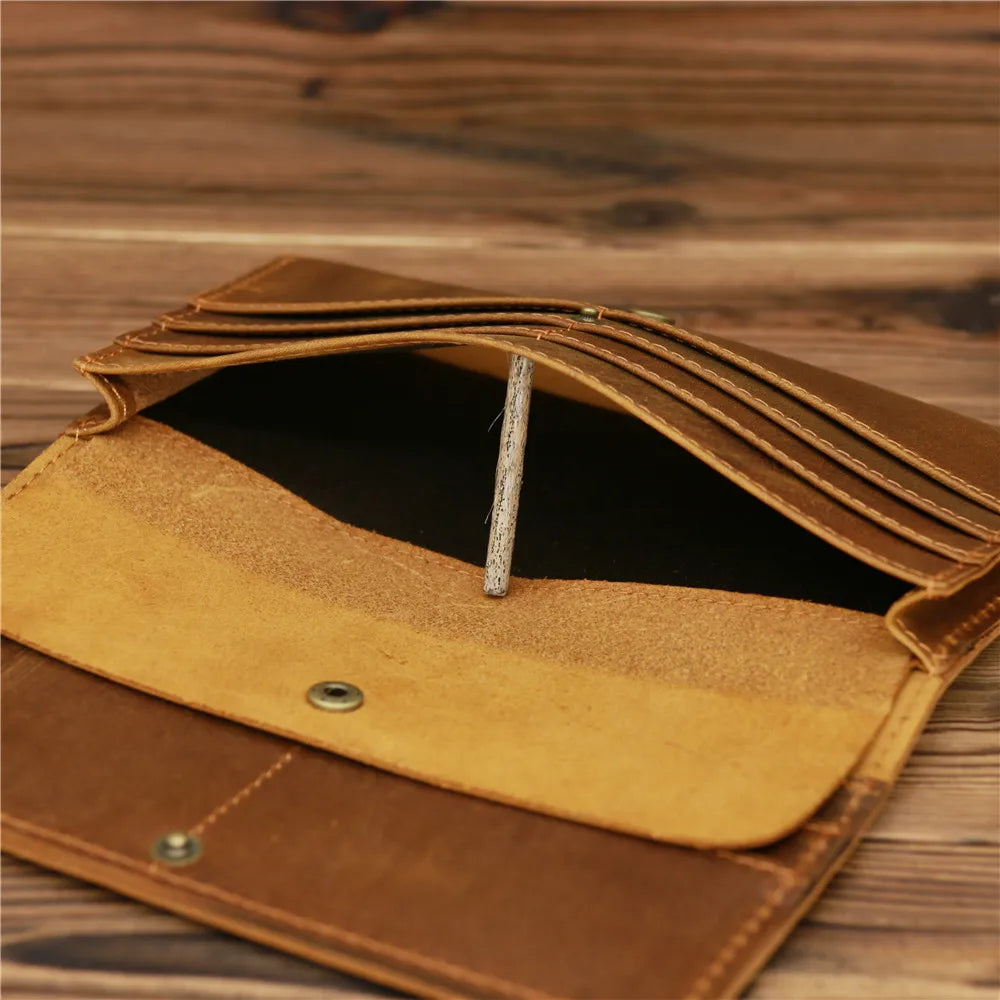 Men's Vintage Pull-Up Leather Long Wallet - Large Capacity Cowhide Clutch-Wallets & Money Clips-Reddish Brown-Free Shipping Leatheretro