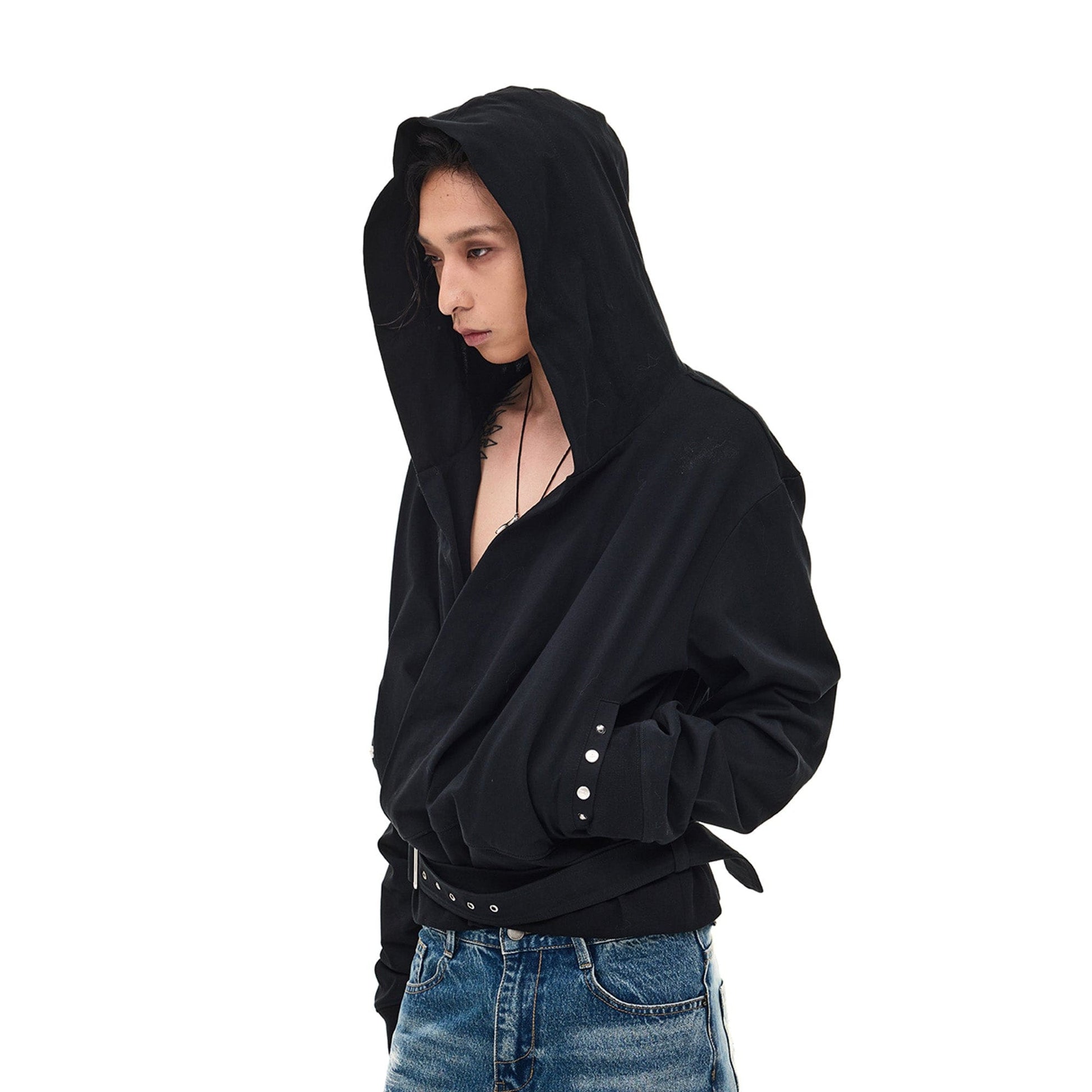 WHISTLEHUNTER Detachable-Belt Deep V-Cut Hardware Hoodie-Hoodie-S-Free Shipping Leatheretro