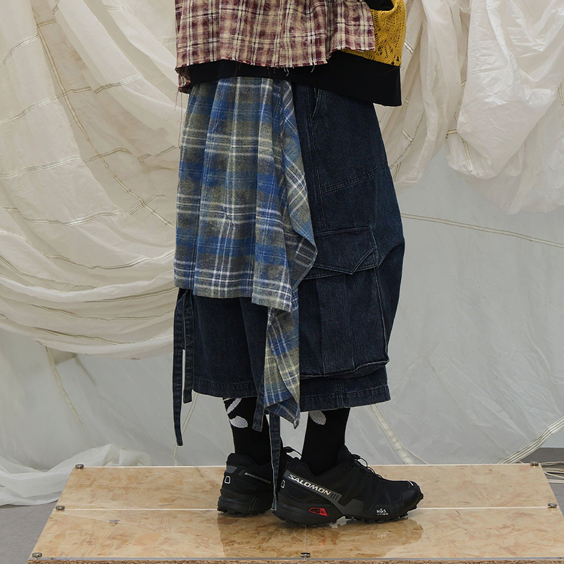 RELABEL Detachable Plaid Drape Denim Shorts-Shorts-XS-Free Shipping Leatheretro