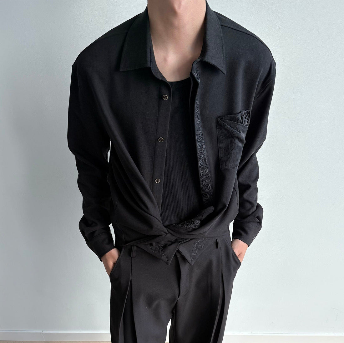 KREATE Floral Jacquard Trim Pocket Shirt-Shirt-S-Beige-Free Shipping Leatheretro