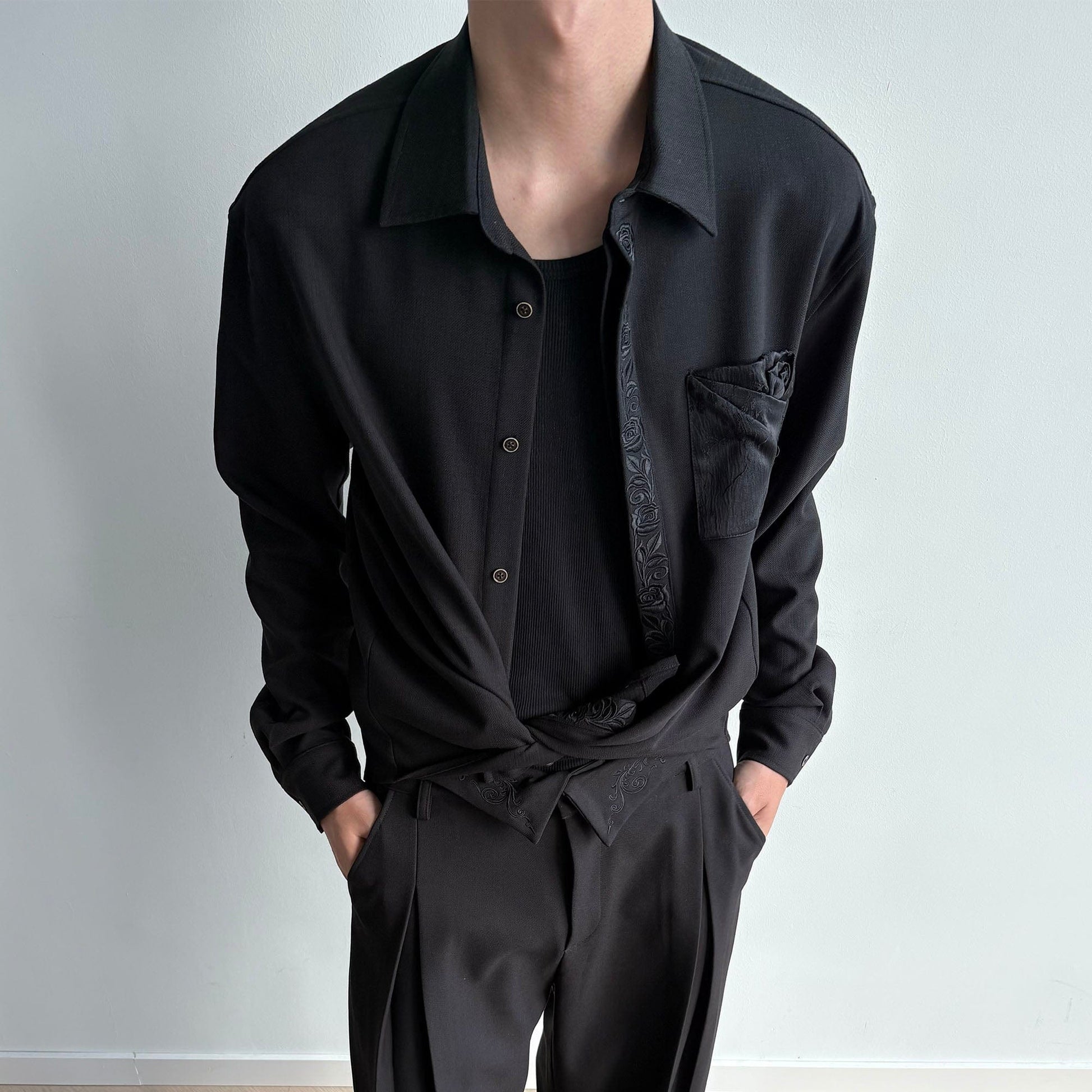 KREATE Floral Jacquard Trim Pocket Shirt-Shirt-S-Beige-Free Shipping Leatheretro