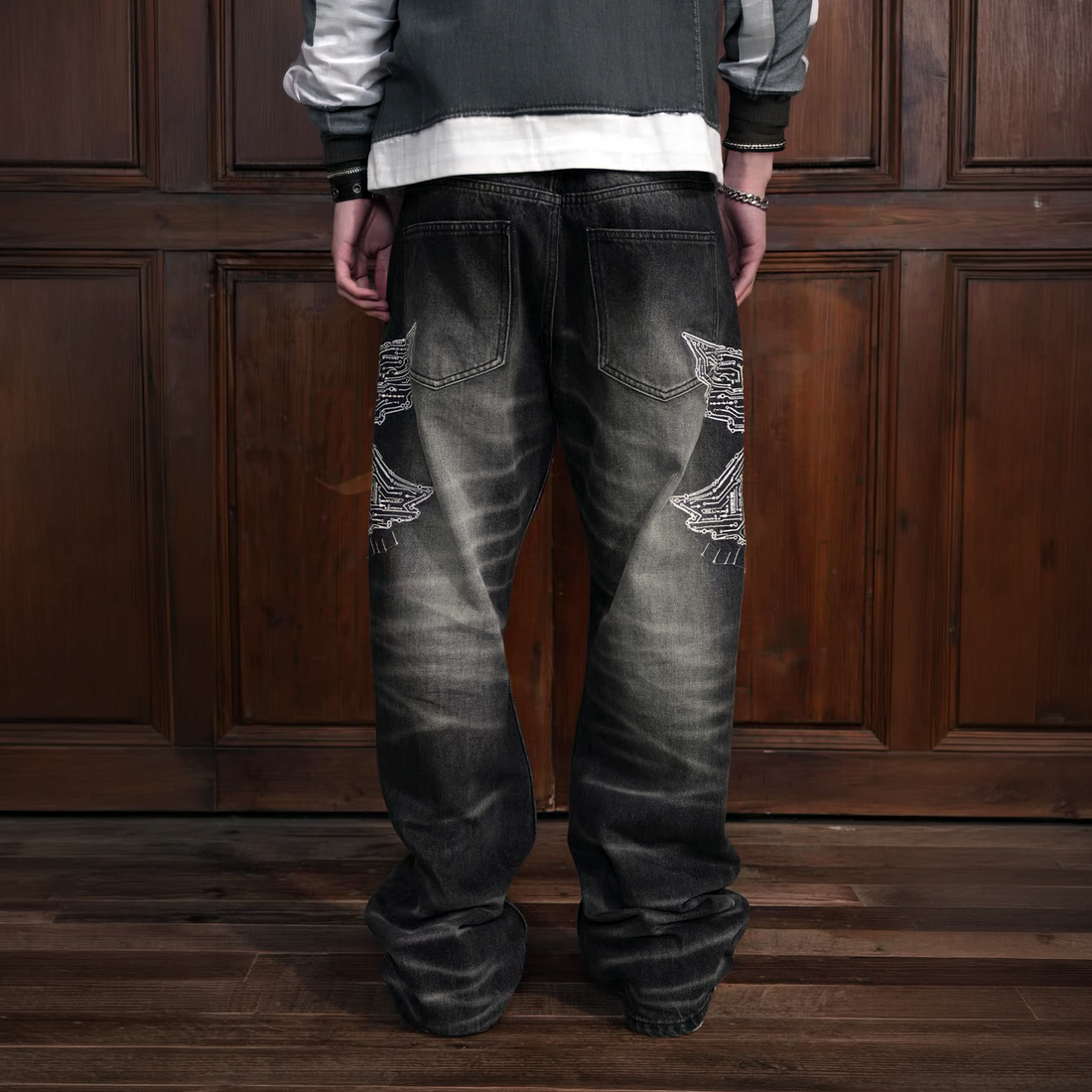 VINKID Faded Pigeon Embroidered Jeans-Jeans-S / 31"-Free Shipping Leatheretro
