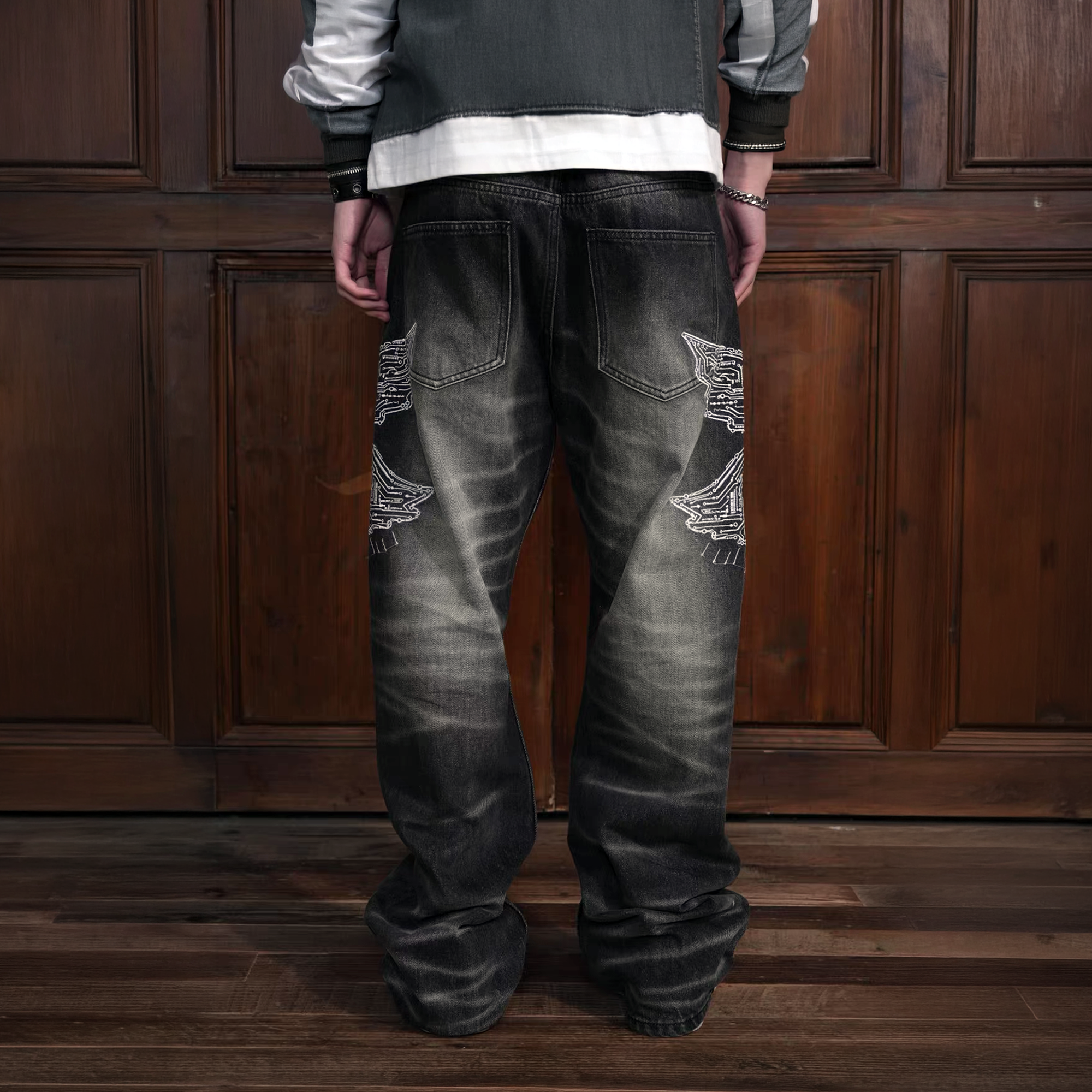 VINKID Faded Pigeon Embroidered Jeans-Jeans-S / 31"-Free Shipping Leatheretro