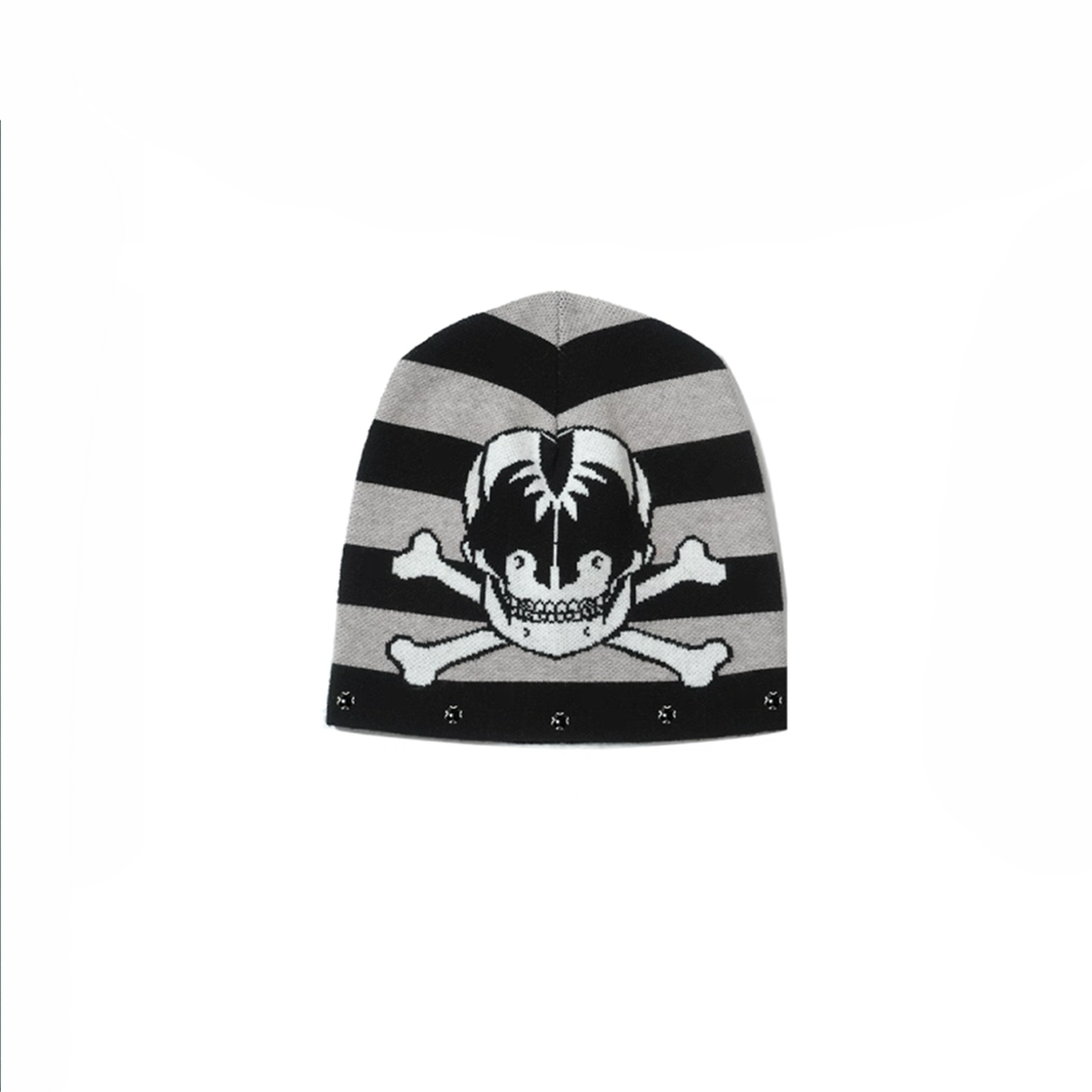 NOTHINGNESS WORLD Striped Skull Jacquard Studded Beanie-Hat, Cap, Beanie-One Size-Black-Free Shipping Leatheretro