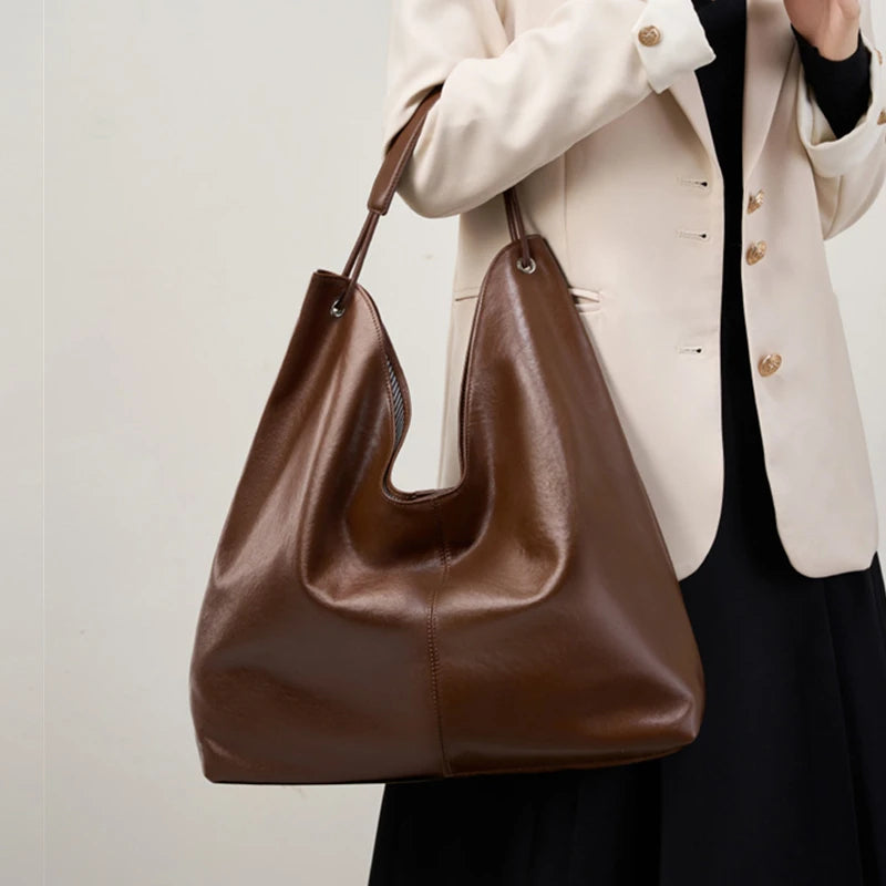 Cowhide Genuine Leather Hobo Shoulder Bag - Ladies Luxury Handbags-Shoulder Bag-Black-Free Shipping Leatheretro