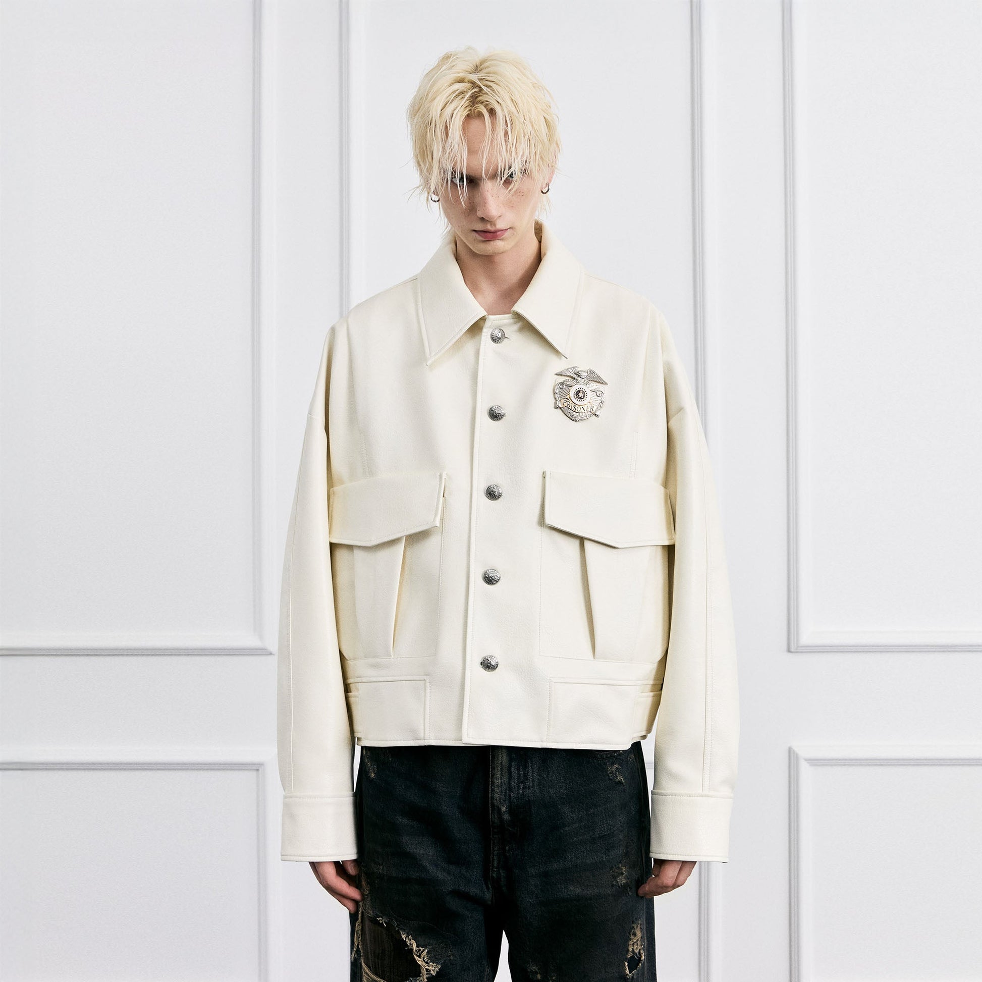 FACEONLAB Badge PU Utility Jacket-Jacket-M-Free Shipping Leatheretro