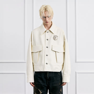 FACEONLAB Badge PU Utility Jacket-Jacket-M-Free Shipping Leatheretro