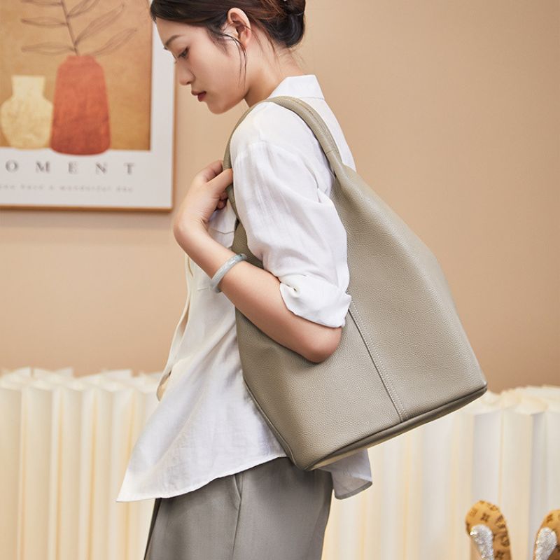 Real Leather Shopper Tote Bag-Tote Bag-Khaki-Free Shipping Leatheretro
