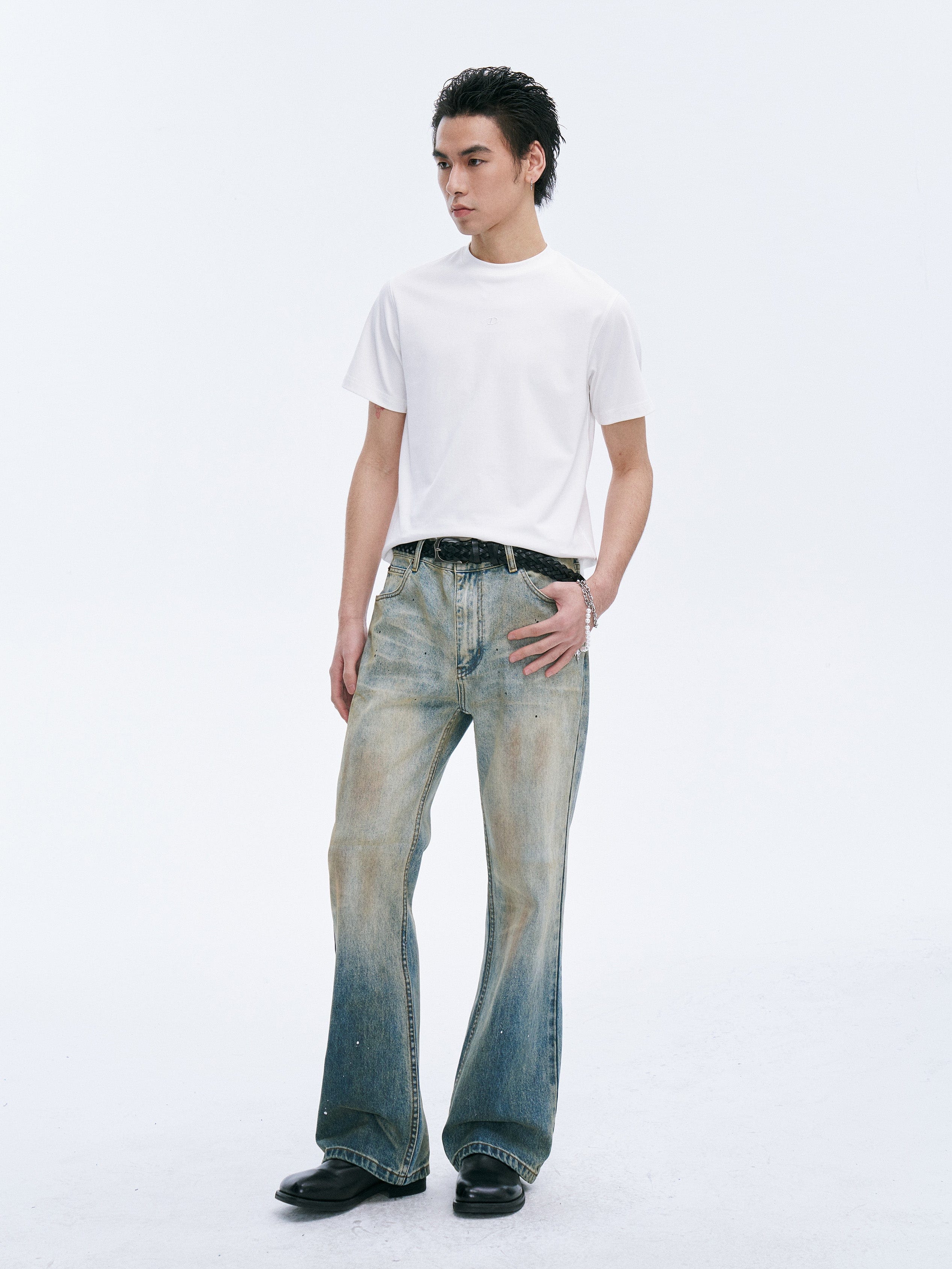 CATSSTAC Washed Sunfade Paint-Splatter Wide-Leg Jeans-Jeans-S-Free Shipping Leatheretro