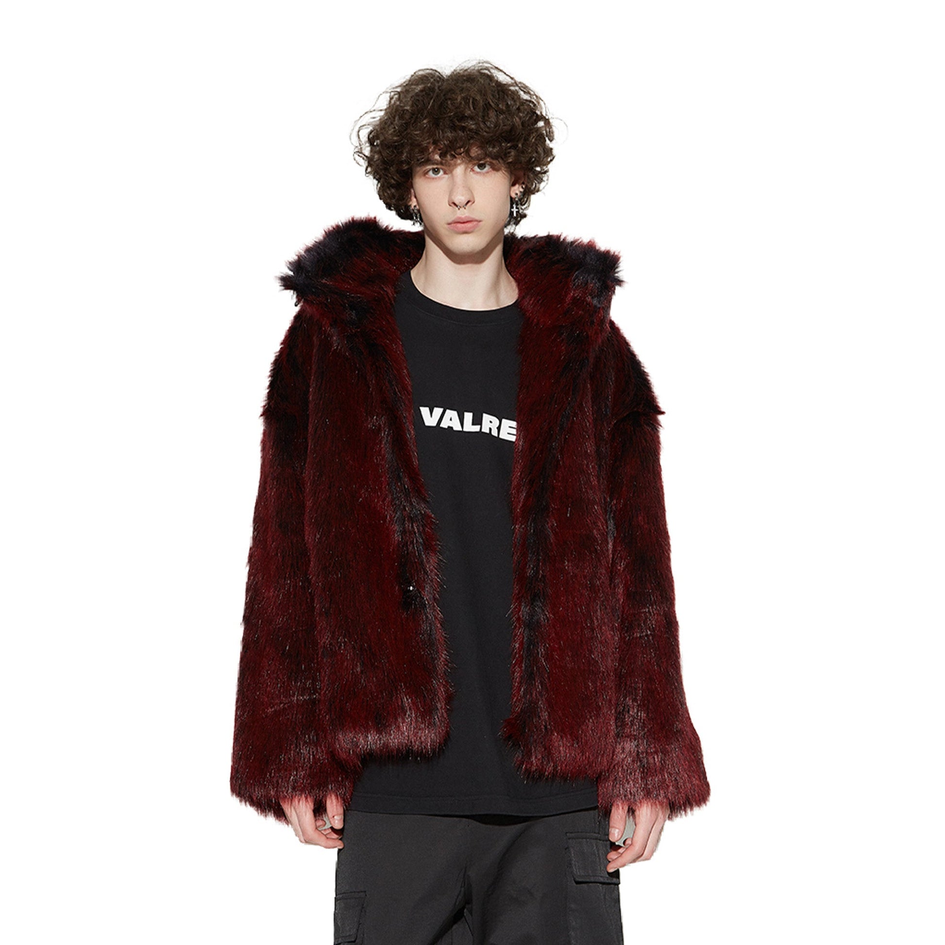 VANN VALRENC¨¦ Plush-Collar Volume-Fit Faux Fur Coat-Jacket-XS-Red-Free Shipping Leatheretro