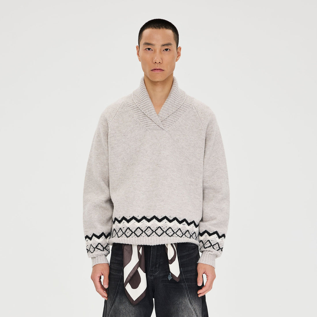 CATSSTAC Nordic Pattern Hem Shawl Collar Sweater-Sweater-M-Gray-Free Shipping Leatheretro