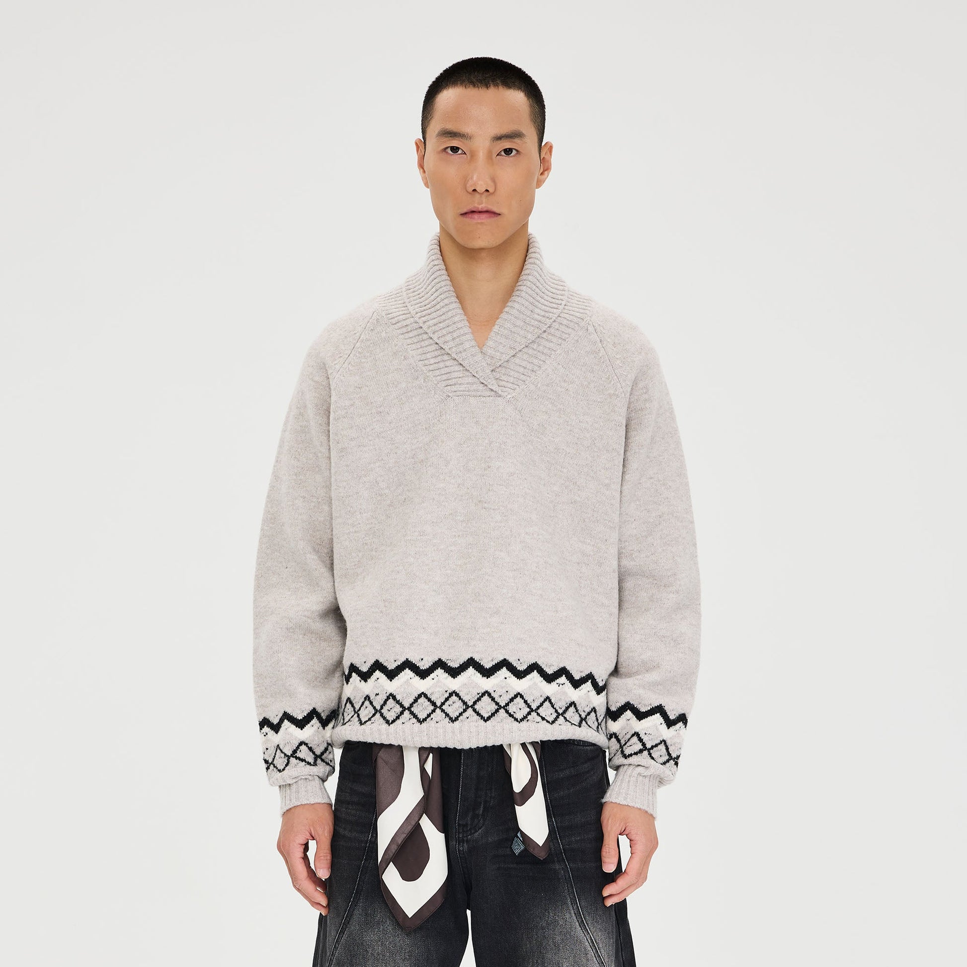 CATSSTAC Nordic Pattern Hem Shawl Collar Sweater-Sweater-M-Gray-Free Shipping Leatheretro