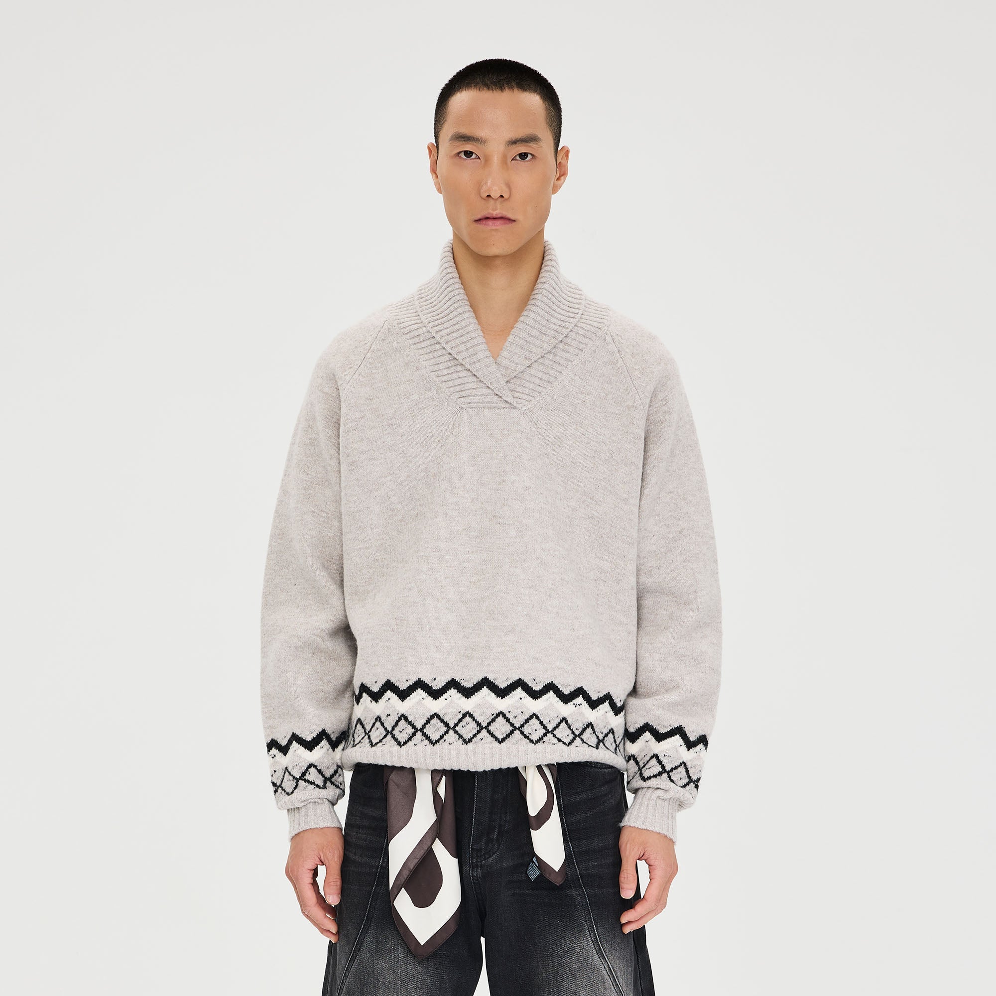 CATSSTAC Nordic Pattern Hem Shawl Collar Sweater-Sweater-M-Gray-Free Shipping Leatheretro