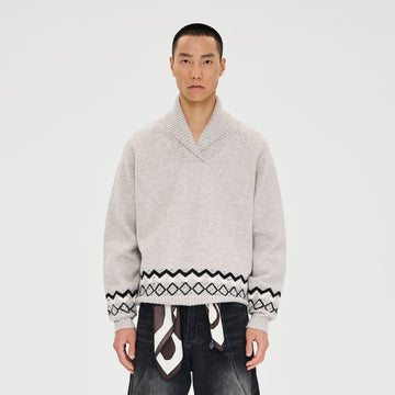 CATSSTAC Nordic Pattern Hem Shawl Collar Sweater-Sweater-M-Gray-Free Shipping Leatheretro