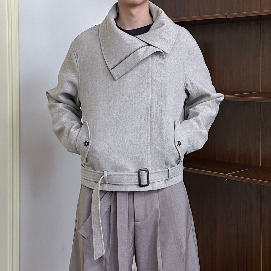 KREATE Asymmetrical Funnel-Neck Wool-Blend Jacket-Jacket-S (Preorder)-Black-Free Shipping Leatheretro