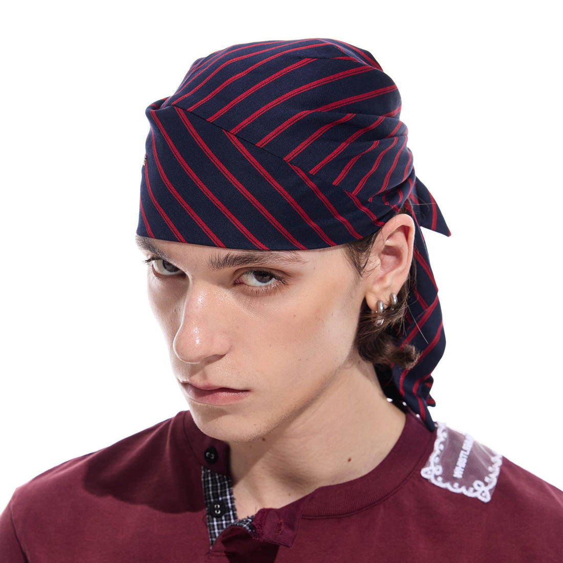 WHISTLEHUNTER Striped Detachable Chain Lace-Up Headscarf-Hat, Cap, Beanie-One Size-White-Free Shipping Leatheretro