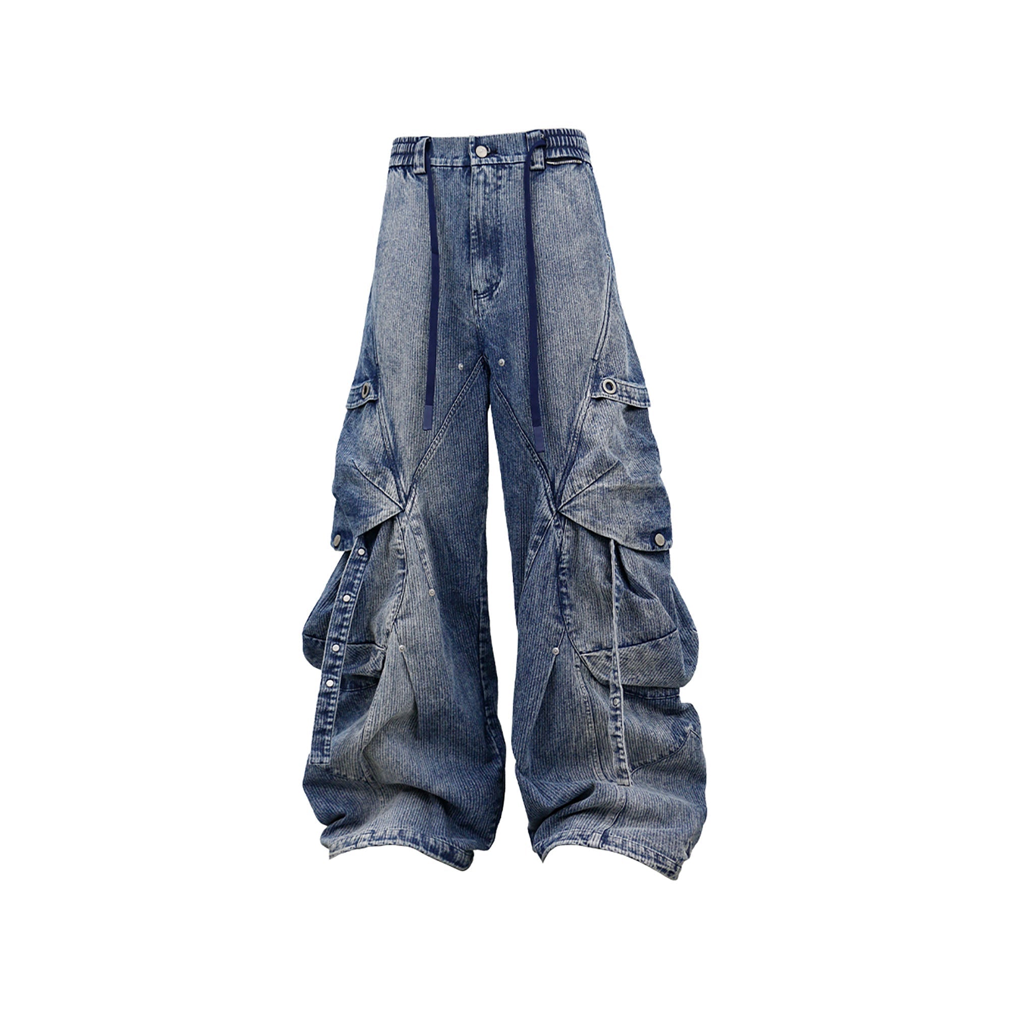 RELABEL Washed Paneled Strap Oversized Cargo Jeans Blue-Jeans-XS-Free Shipping Leatheretro