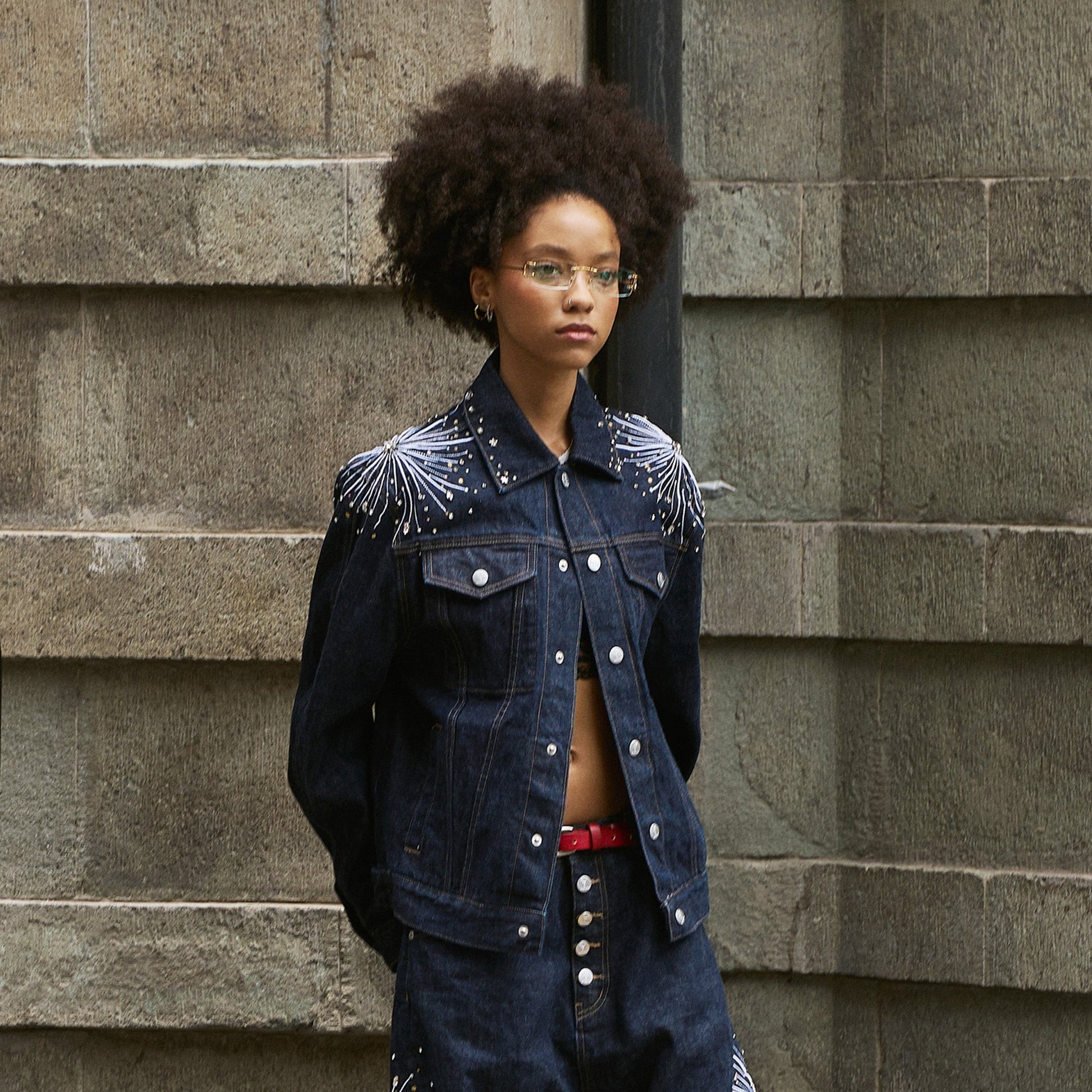 STEEPC Firework Embroidered Rhinestone Raw Denim Jacket-Jacket-S (1)-Free Shipping Leatheretro