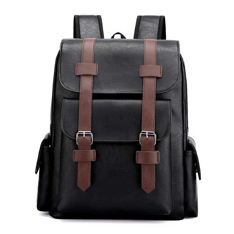 Stylish Men’s PU Leather Laptop Backpack – Large Capacity School & Travel Bag-Backpacks-Black-Free Shipping Leatheretro