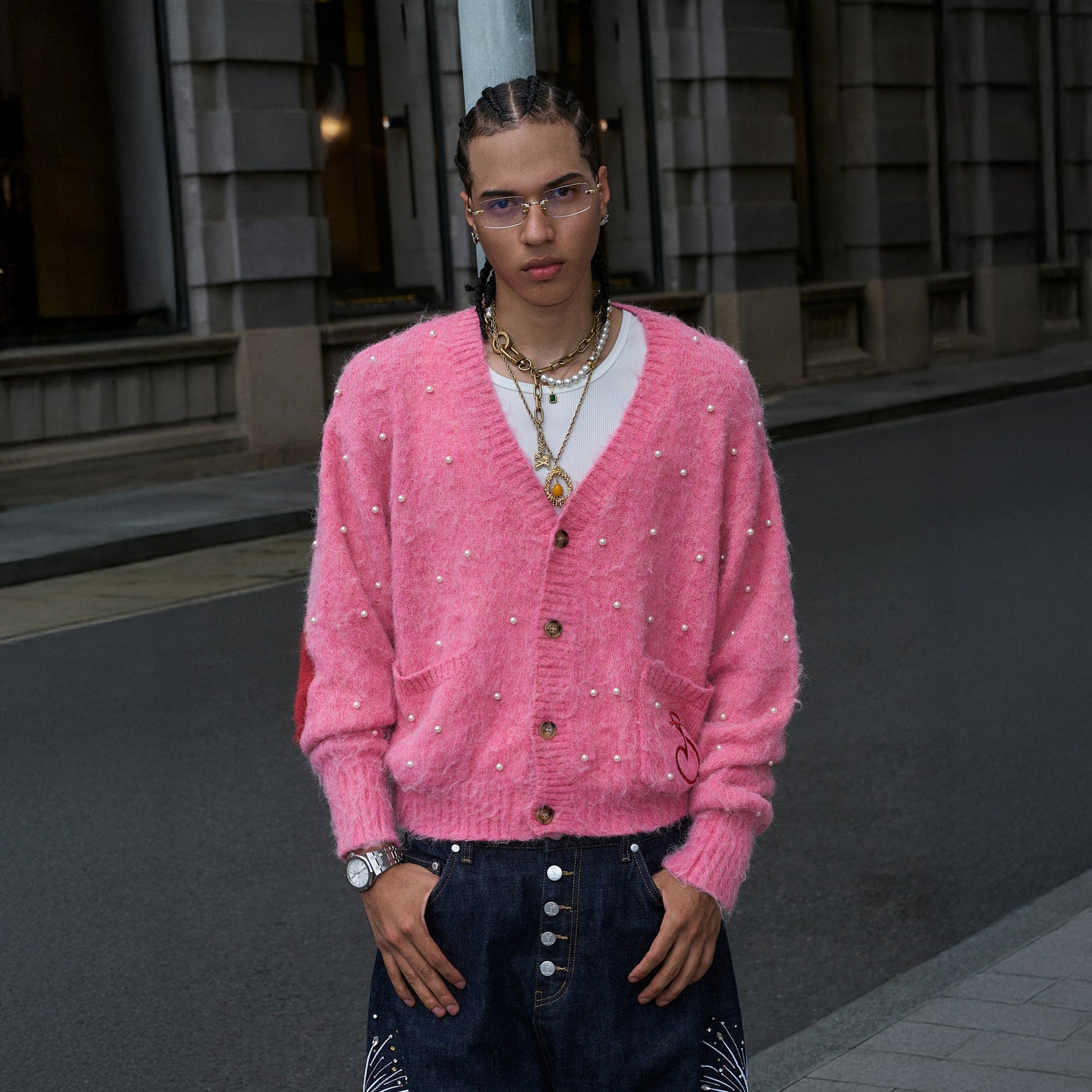 STEEPC Pearl-Studded Contrast Elbow Patch Cardigan-Sweater-S (1)-Pink-Free Shipping Leatheretro