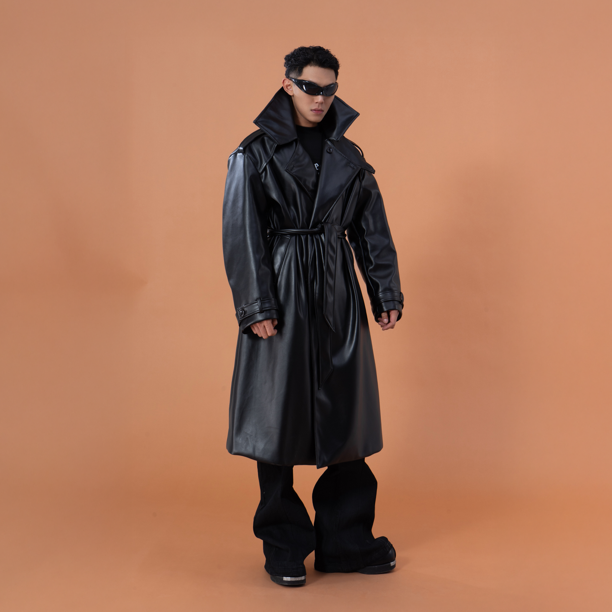 CLP Glossy Faux Leather Belted Trench Coat-Jacket-M-Free Shipping Leatheretro