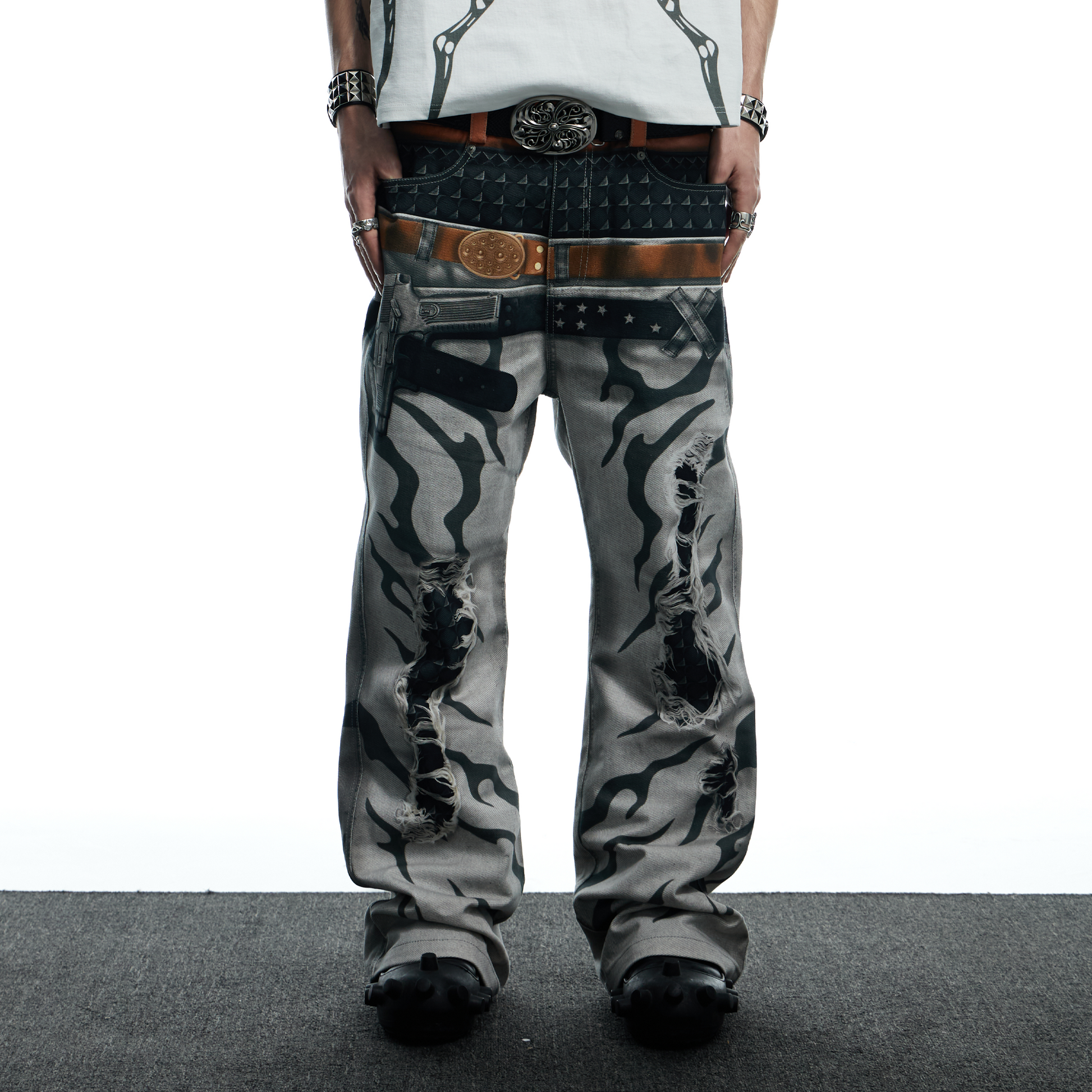 DND4DES Distressed Print Double-Waist Flare Jeans White-Jeans-XS-Free Shipping Leatheretro