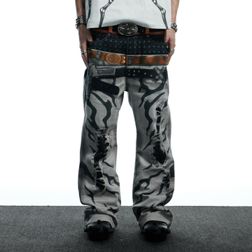 DND4DES Distressed Print Double-Waist Flare Jeans White-Jeans-XS-Free Shipping Leatheretro
