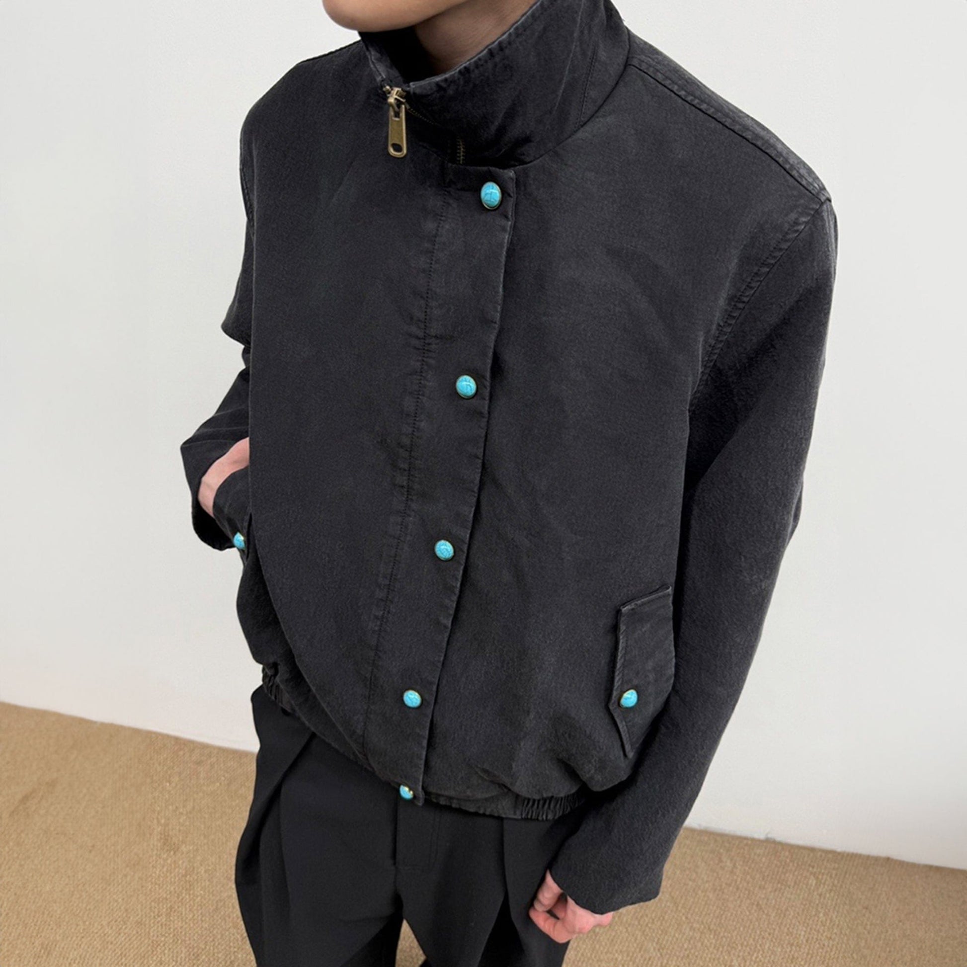 KREATE Gem Button Stand-Collar Wellington Jacket-Jacket-S-Black-Free Shipping Leatheretro