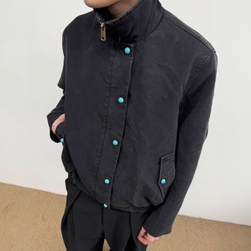 KREATE Gem Button Stand-Collar Wellington Jacket-Jacket-S-Black-Free Shipping Leatheretro