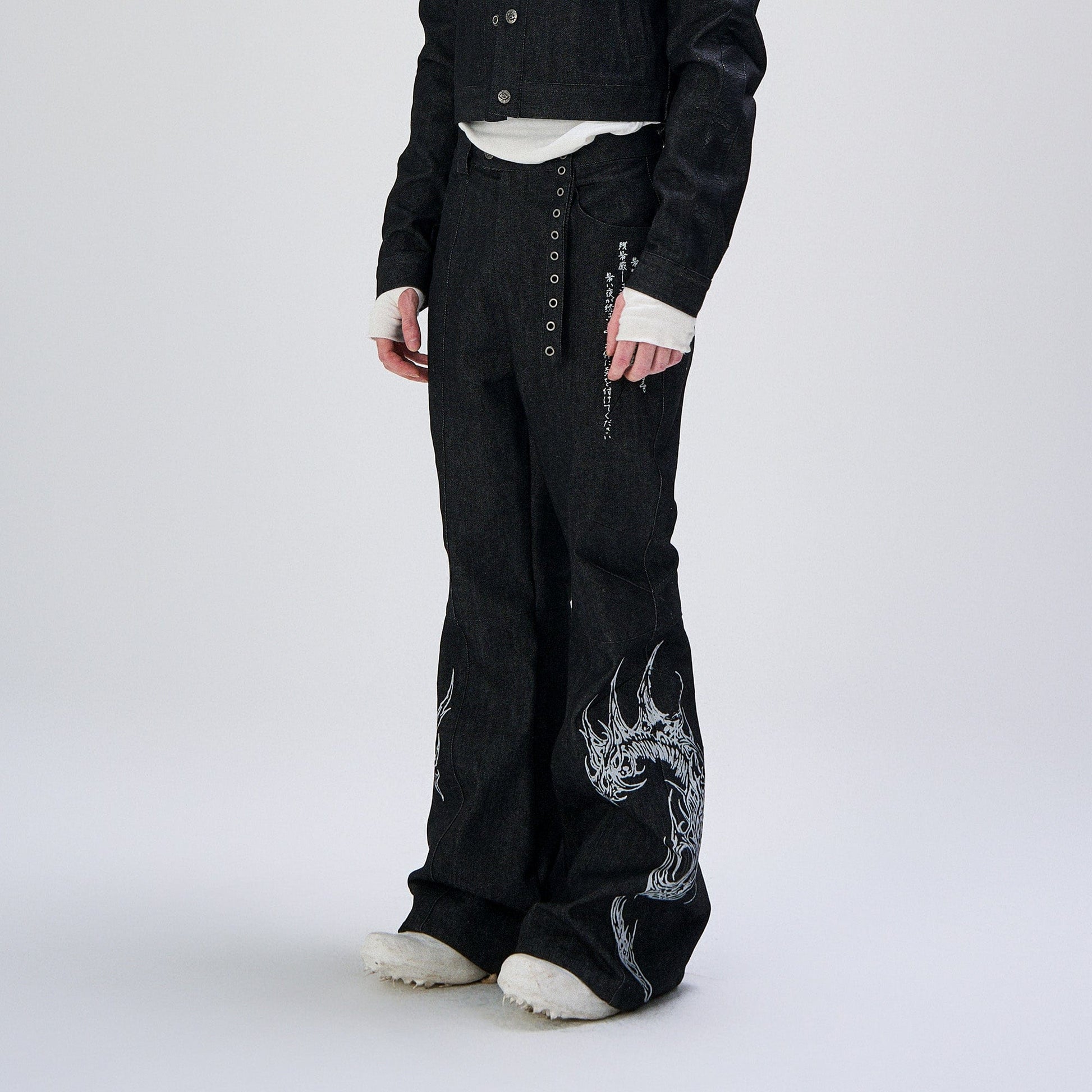 FLYERRER Abstract Graphic Flared Raw Jeans-Jeans-S (Preorder)-Free Shipping Leatheretro