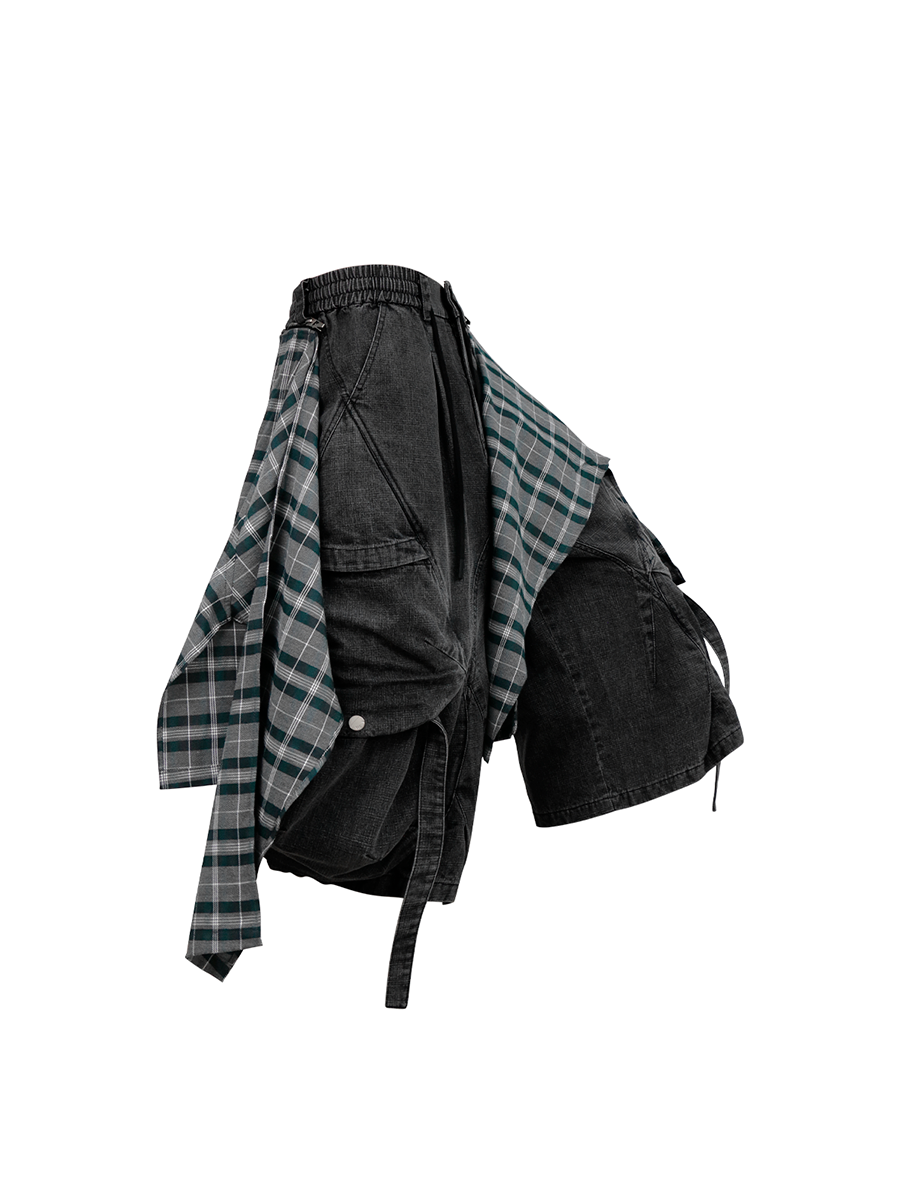 RELABEL Detachable Plaid Drape Oversized Denim Shorts-Shorts-XS-Free Shipping Leatheretro