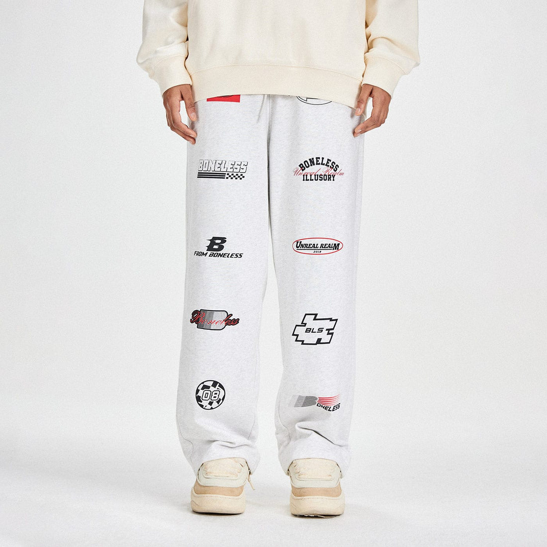 BONELESS Racing Logo Sweatpants-Pants-S-Grey-Free Shipping Leatheretro