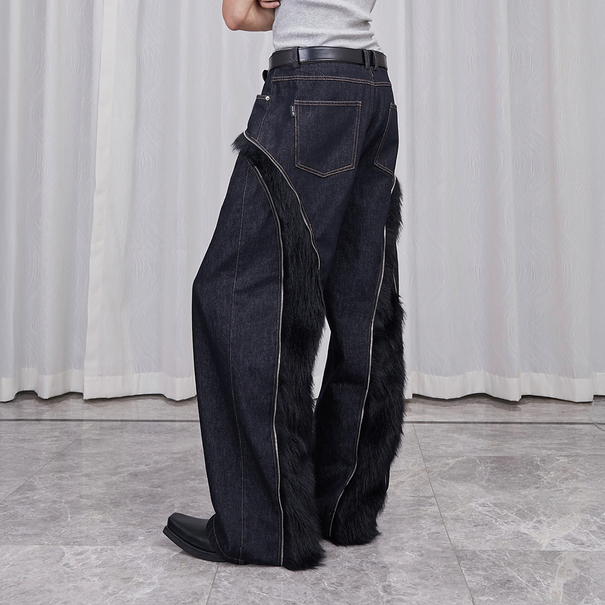 ASSEEN Faux Fur-Spliced Raw Denim Pants-Jeans-S-Free Shipping Leatheretro