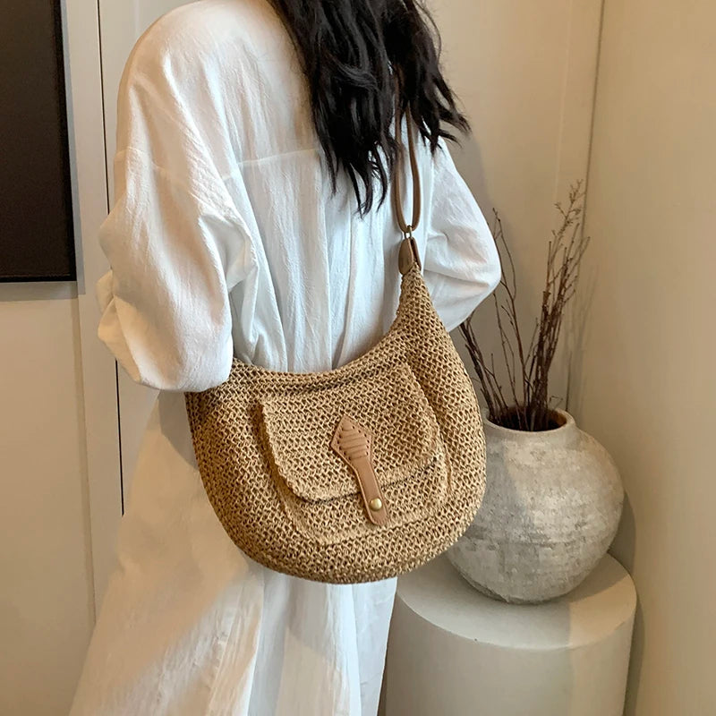 Straw Crossbody Bag Stylish Retro Vacation Look-Handbags-Beige-Free Shipping Leatheretro