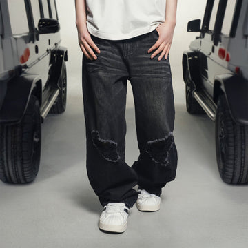 MAKEMORE Retro Washed Ripped Straight-Leg Jeans-Jeans-S-Free Shipping Leatheretro