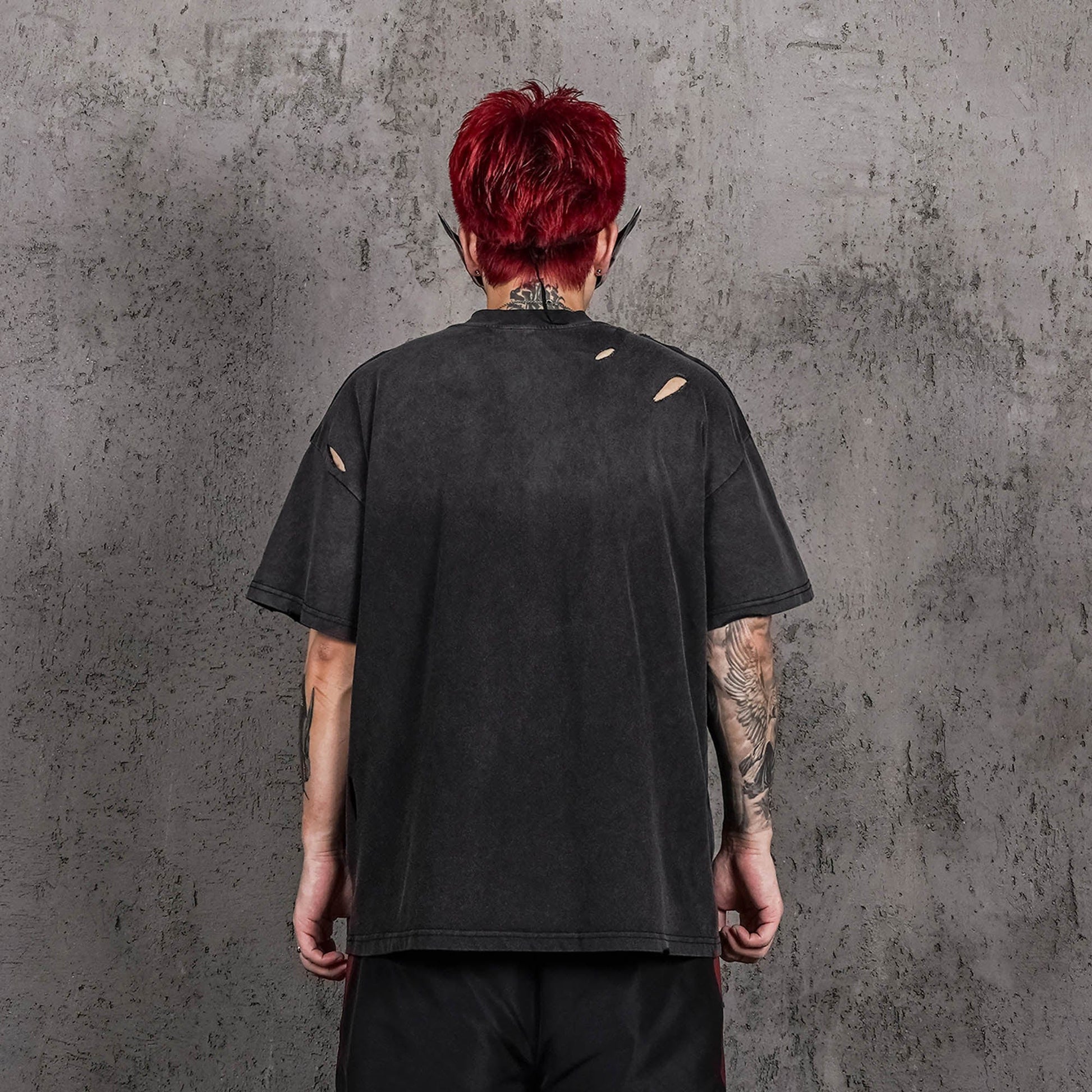 UNDERWATER Washed Ripped Gradient T-Shirt Black-T Shirt-S-Free Shipping Leatheretro