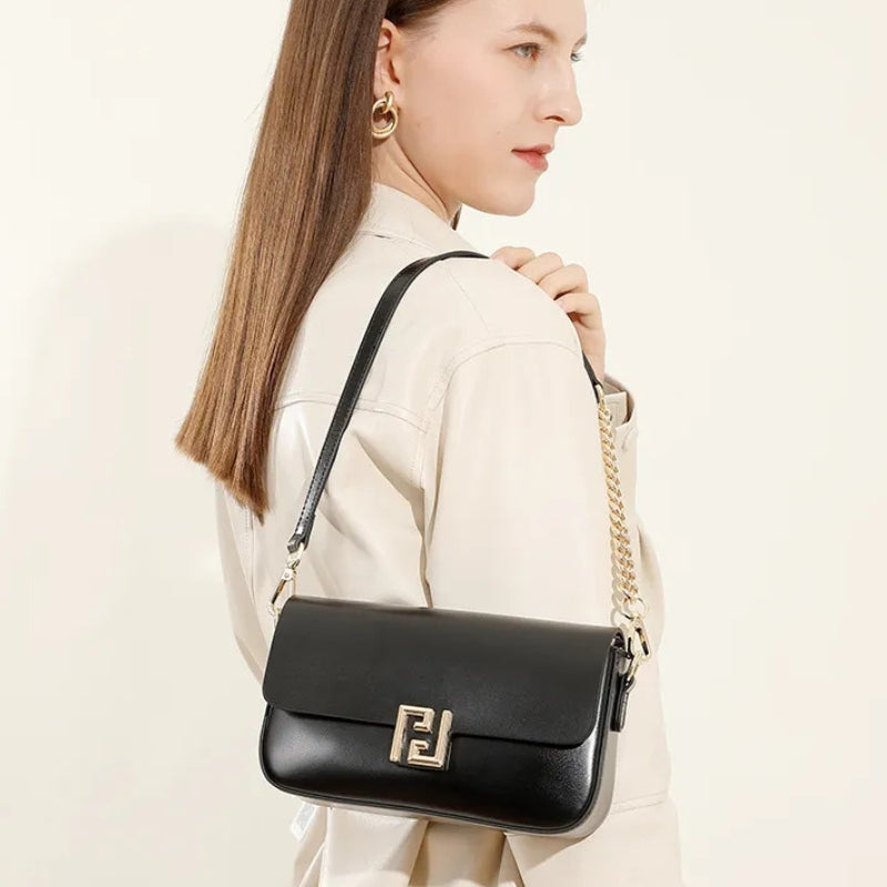 Genuine Leather Chain Flap Shoulder Bag - Cowhide Leather Lock Clasp Purse-Shoulder Bag-Black-Free Shipping Leatheretro