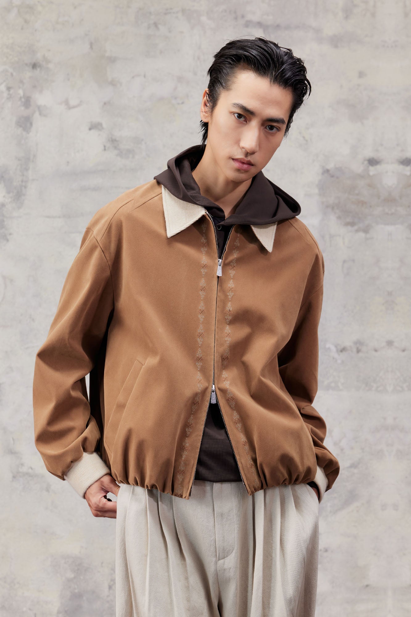 ALVNG AR ANTS Contrast Collar Totem Embroidered Jacket-Jacket-S-Brown-Free Shipping Leatheretro