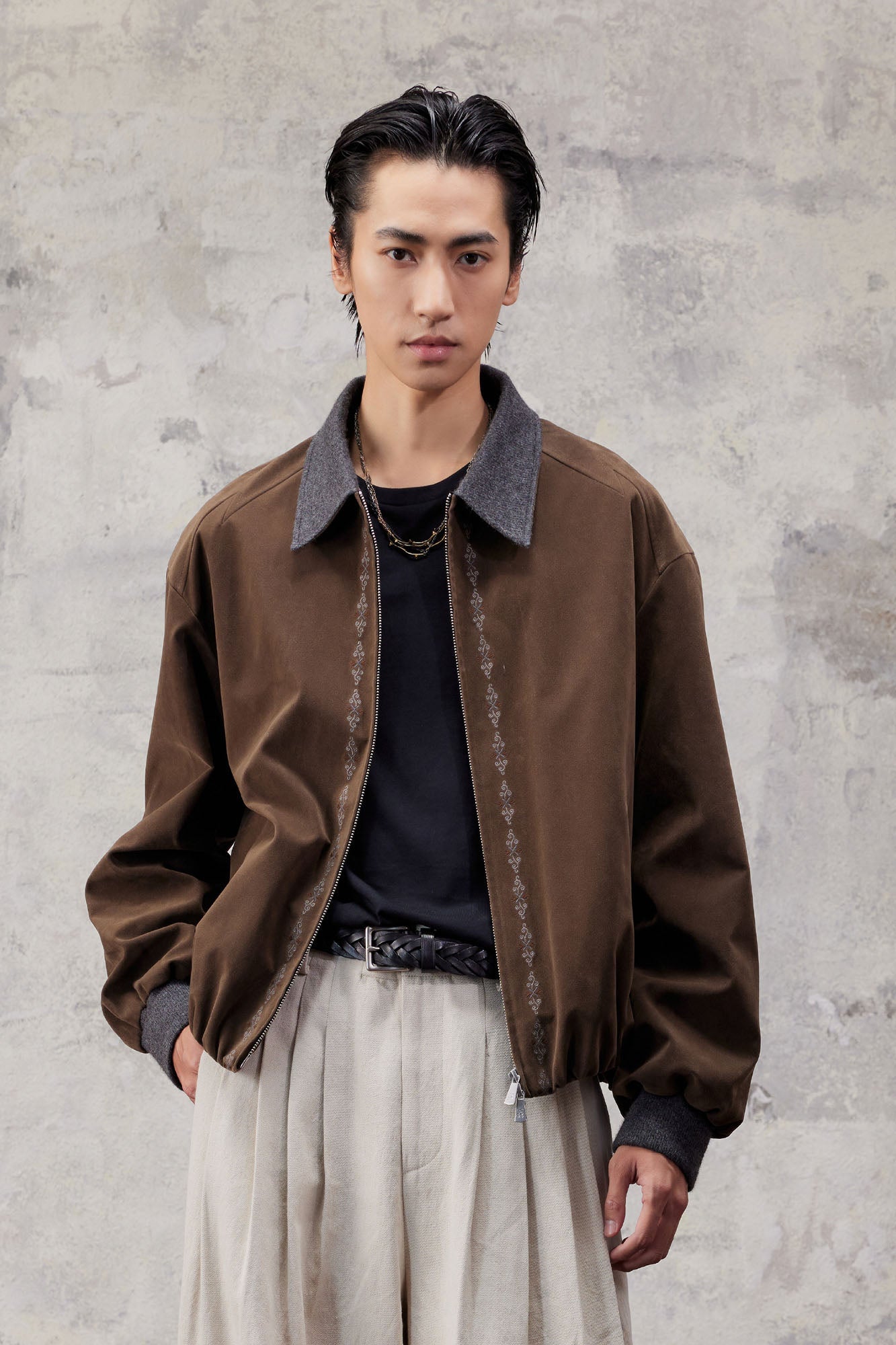 ALVNG AR ANTS Contrast Collar Totem Embroidered Jacket-Jacket-S-Brown-Free Shipping Leatheretro